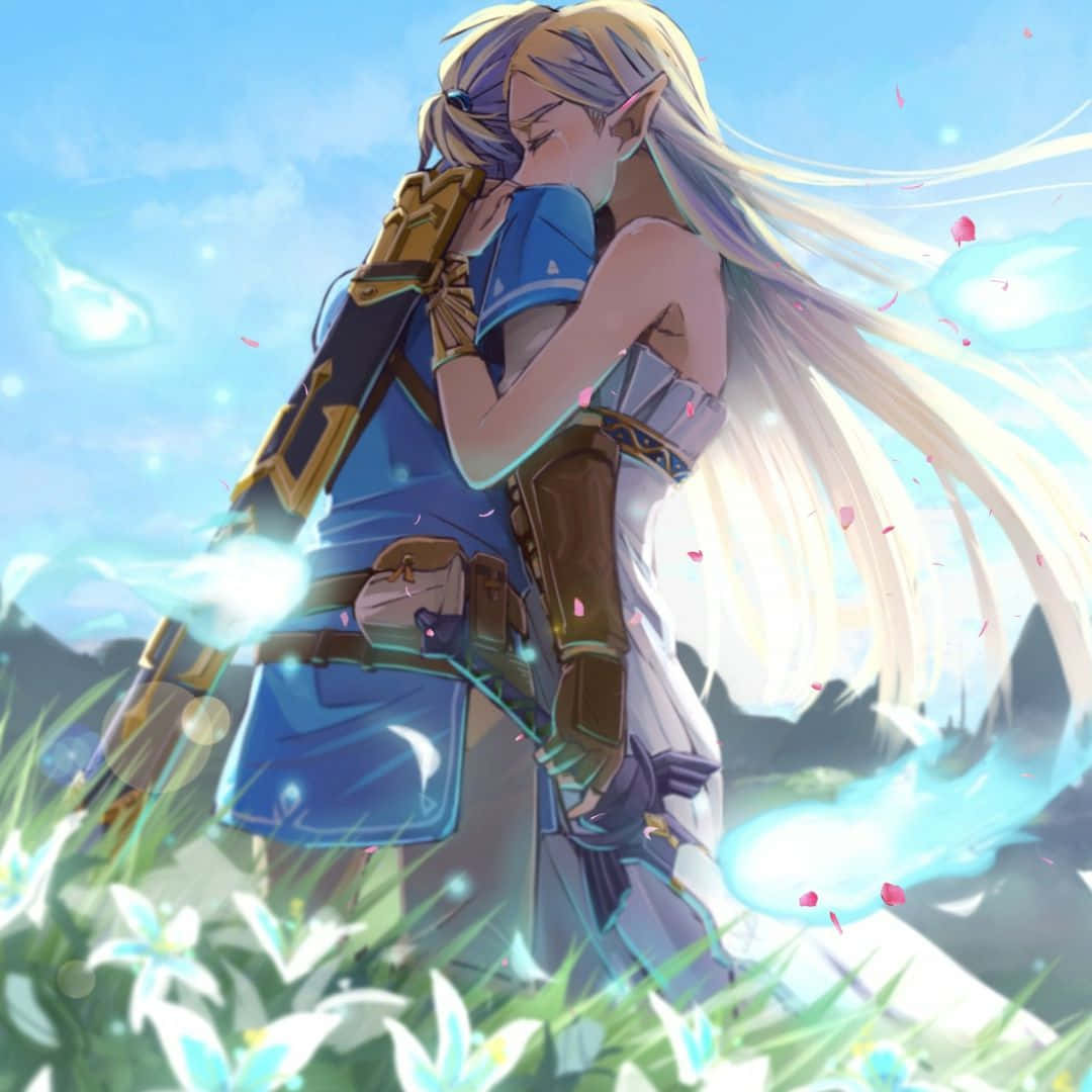 Η Πριγκίπισσα Zelda και ο Link αγκαλιάζονται στο BOTW Ταπετσαρία