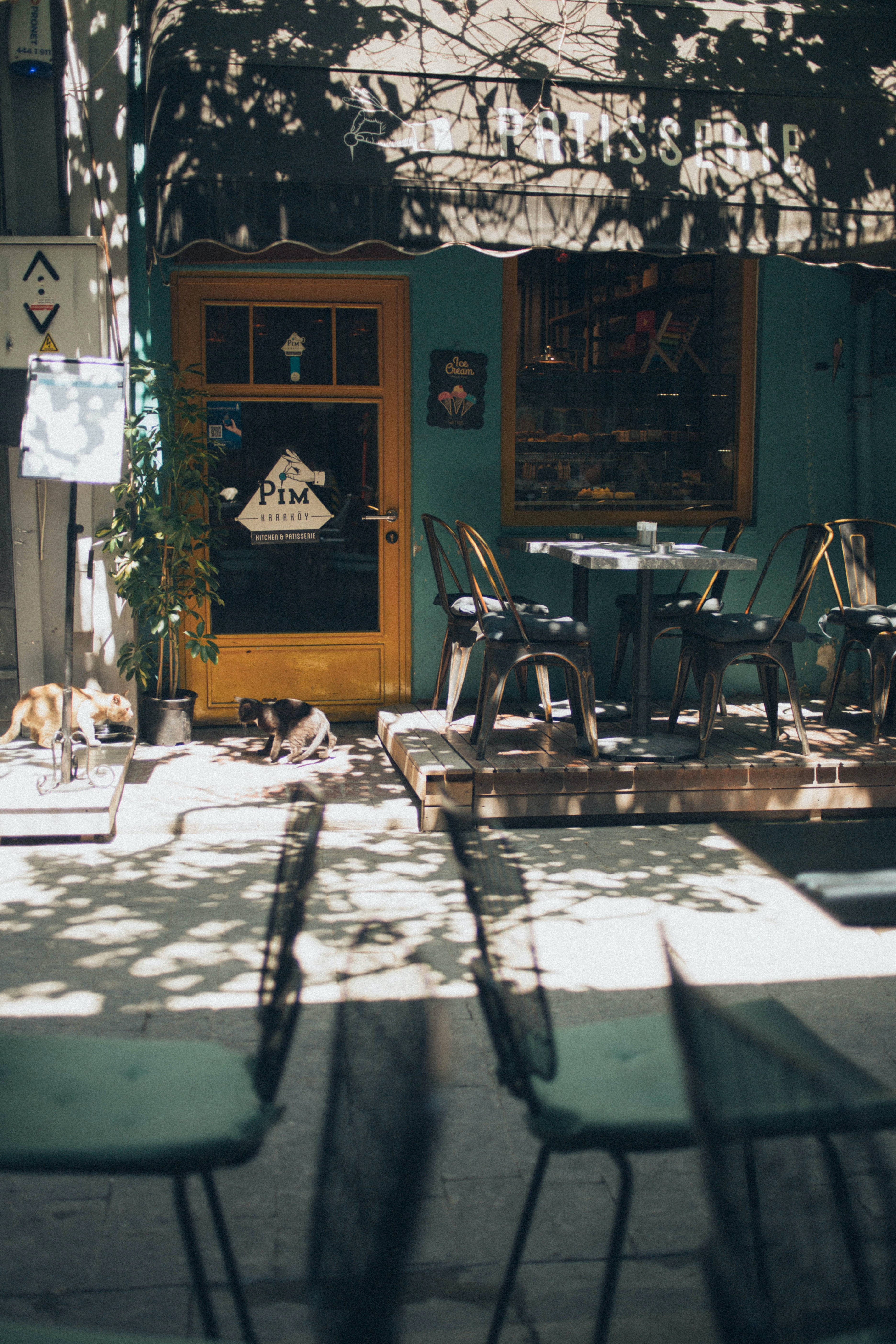 Ηλιόλουστη μέρα έξω από καφετέρια Ταπετσαρία