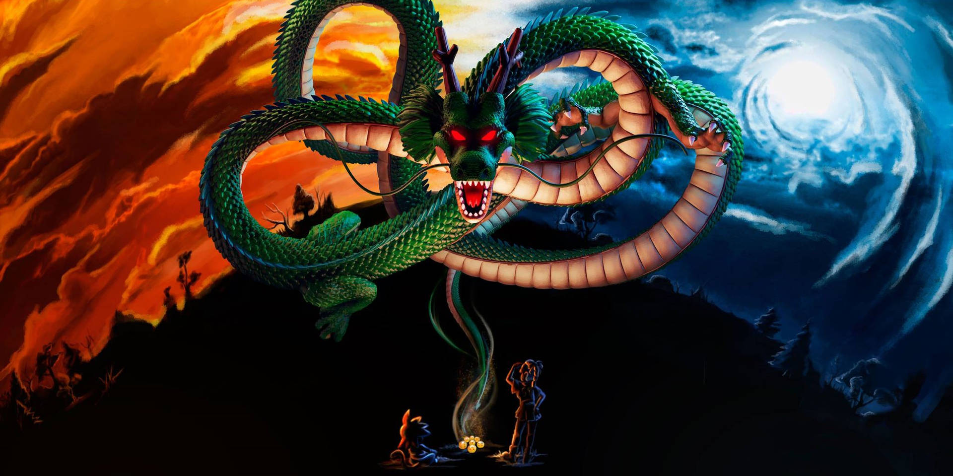 Dragon Ball Z super broly πράσινος μακρύς δράκος Shenron με τρομακτικά κόκκινα μάτια στον πλανήτη Namek. — Dragon ball z GIF Ταπετσαρία