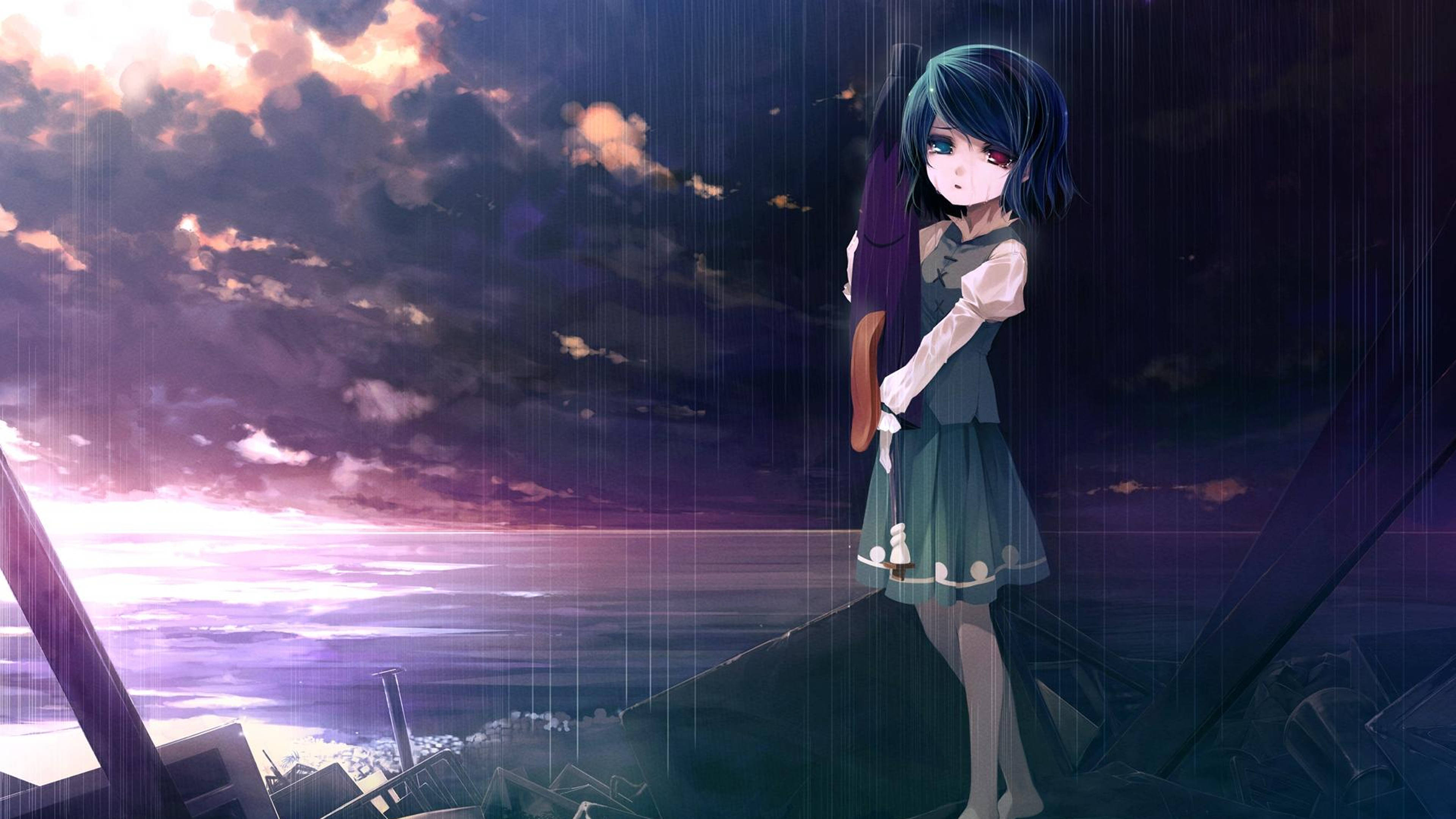 Θλιμμένο Anime 4K Κορίτσι με Κόκκινο Μάτι που Κλαίει Ταπετσαρία