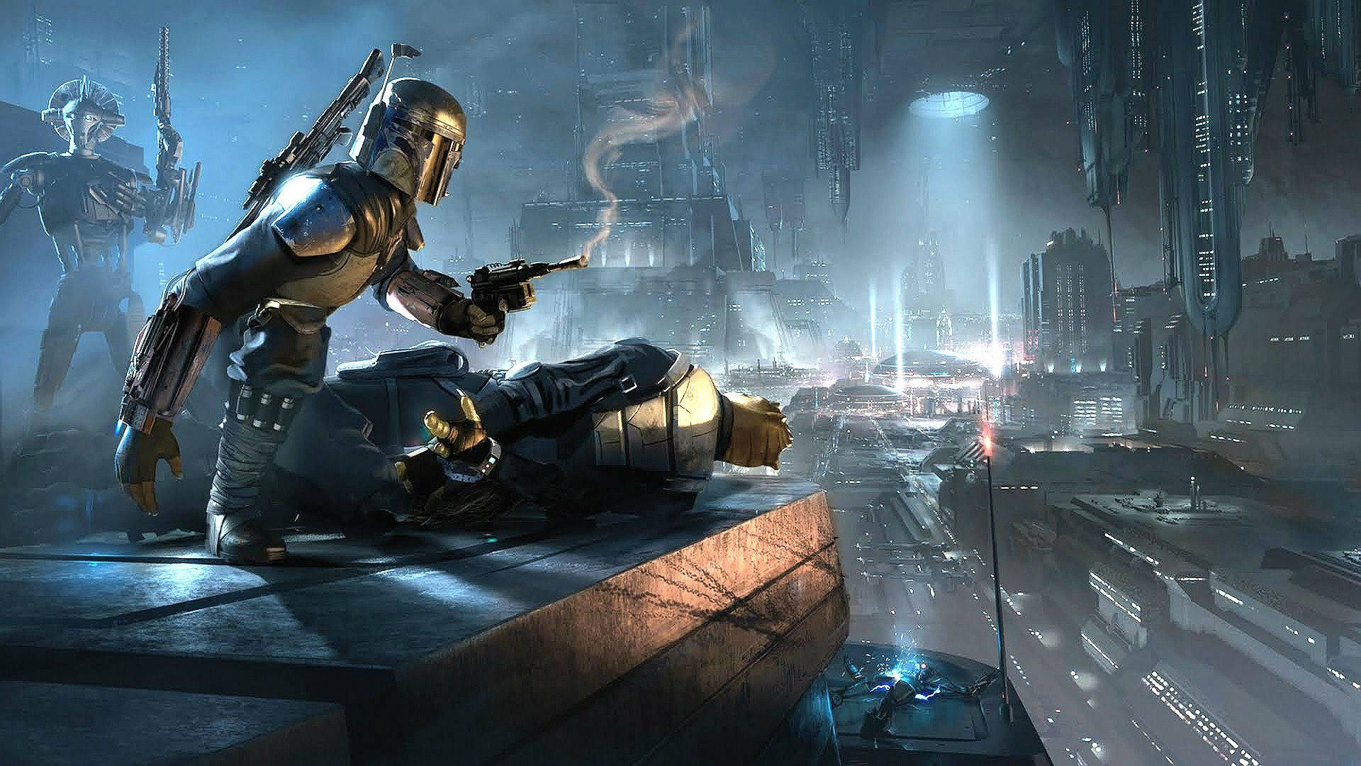 Ταπετσαρία Star Wars με Καταιγιδοφόρο σε μάχη σε έναν σύγχρονο φουτουριστικό πλανήτη-πόλη. — Star Wars Ταπετσαρία