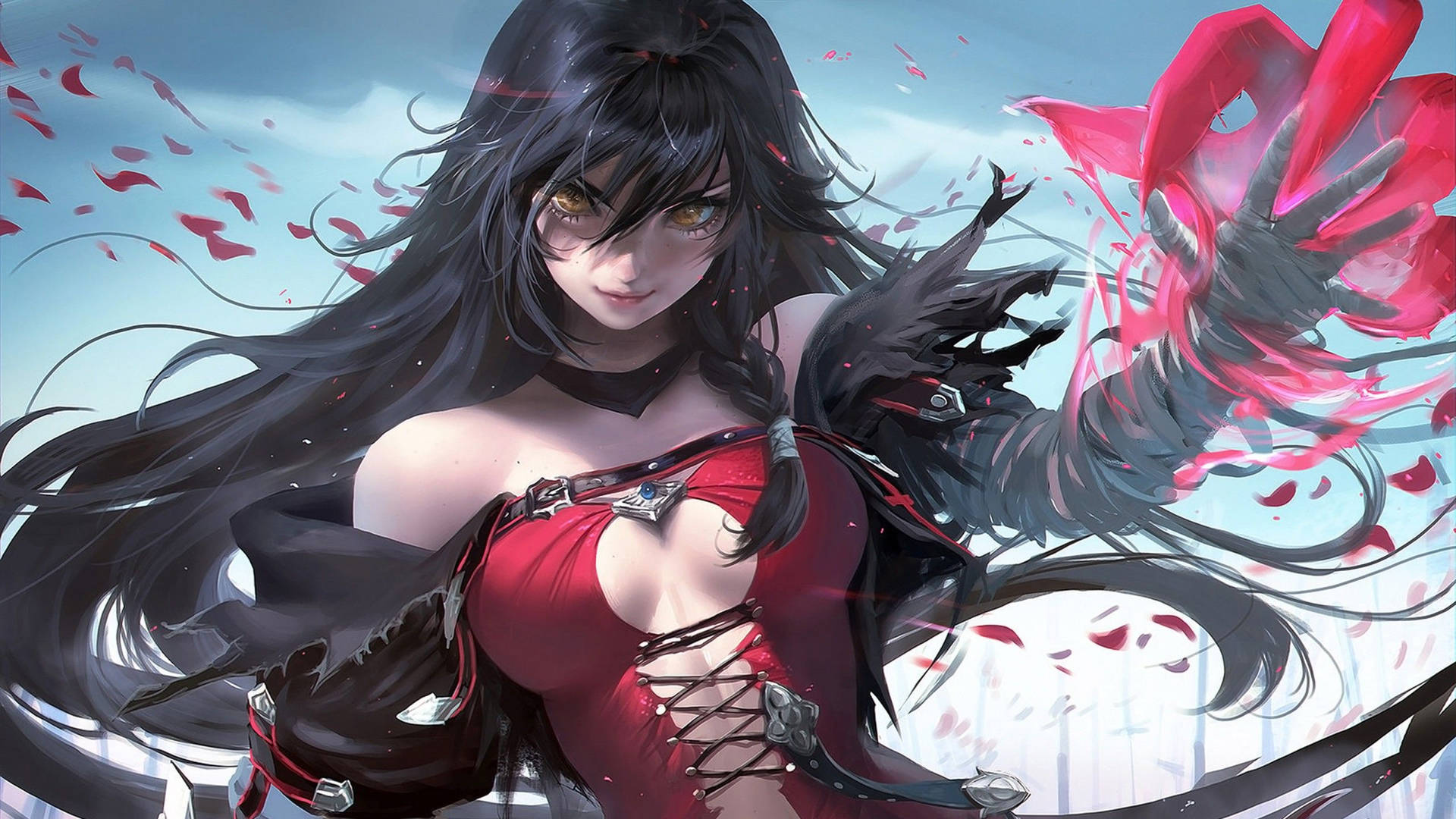Καυτό anime κορίτσι με μακριά μαύρα μαλλιά και κόκκινα νύχια ως χέρι ταπετσαρία — Anime Girl Ταπετσαρία