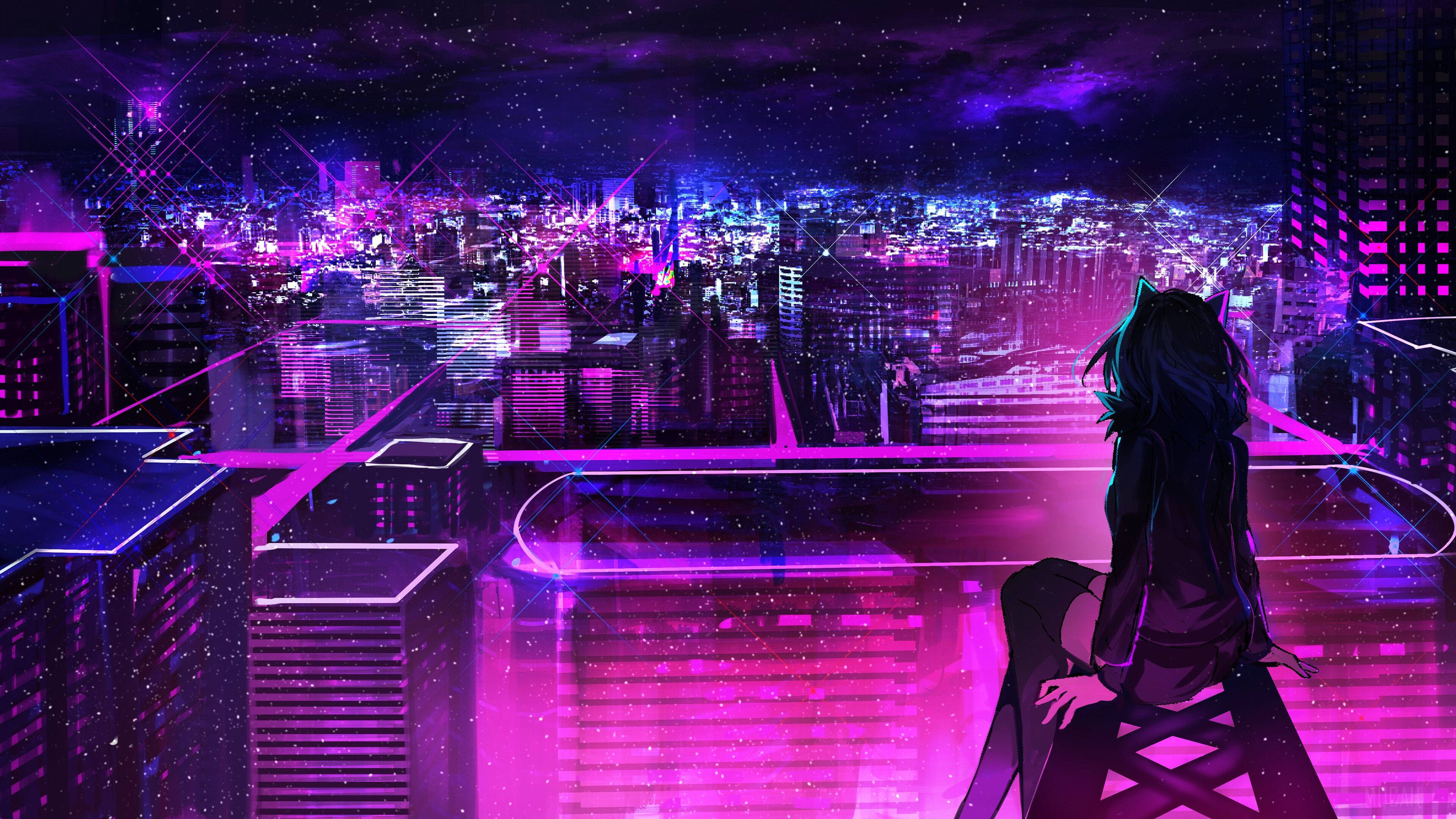 Κινούμενο σχέδιο anime κορίτσι νέον μωβ πόλη Ταπετσαρία