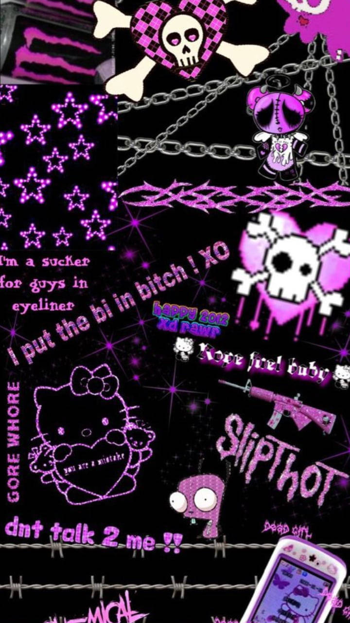 Κομψό Κολάζ Hello Kitty σε Μαύρο και Μωβ Ταπετσαρία