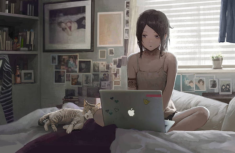 Κορίτσι Anime Δουλεύει με Φορητό Υπολογιστή στο Κρεβάτι Ταπετσαρία