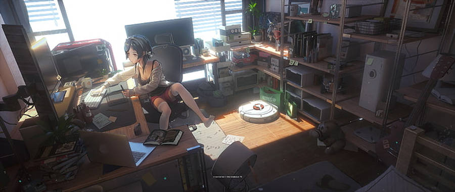 Κορίτσι Anime Κάθεται Άνετα Δουλεύοντας στον Υπολογιστή της Ταπετσαρία