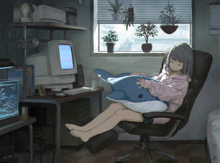 Κορίτσι Anime Κοιμάται Μπροστά από Φορητό Υπολογιστή Ταπετσαρία