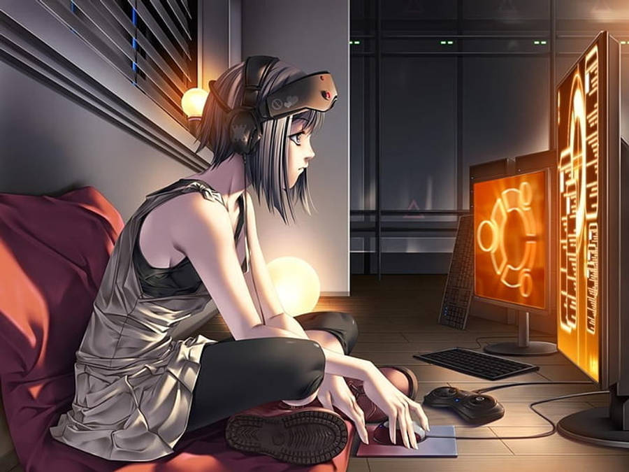 Κορίτσι Anime Κοιτάζει Κοντά στην Οθόνη του Φορητού Υπολογιστή Ταπετσαρία