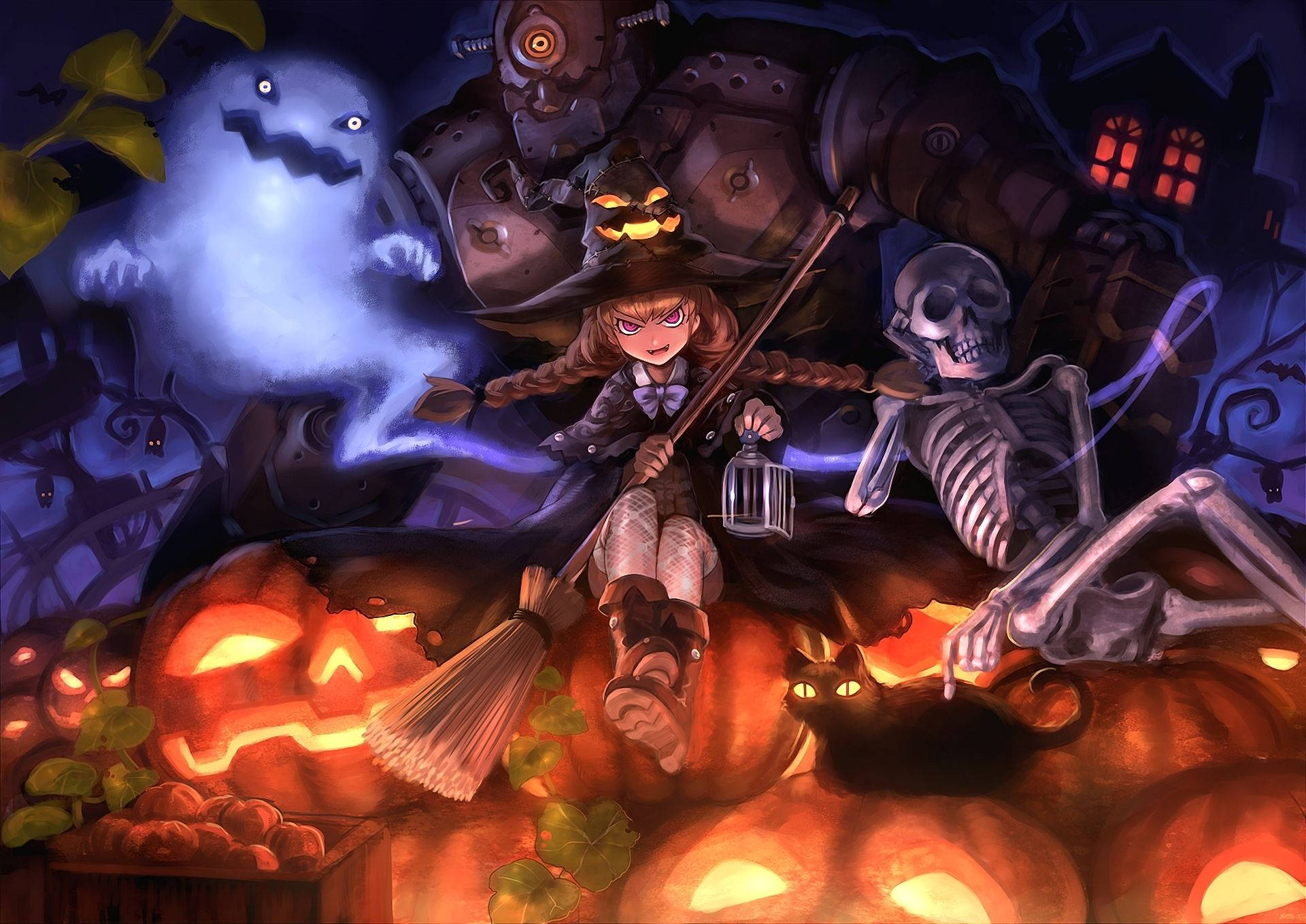 Κορίτσι Anime του Halloween με Φάντασμα, Σκελετό και Ρομπότ Ταπετσαρία
