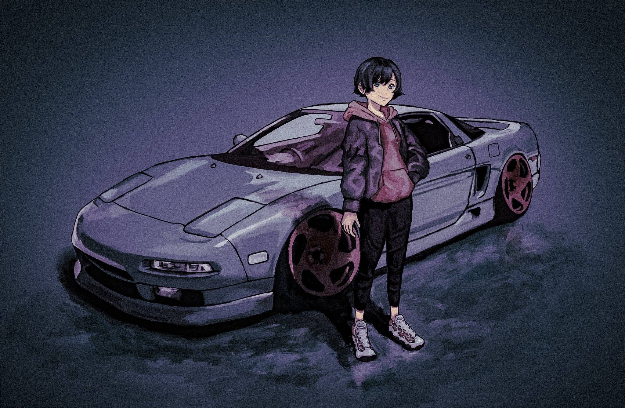 Κορίτσι με φούτερ δίπλα σε αυτοκίνητο anime Ταπετσαρία