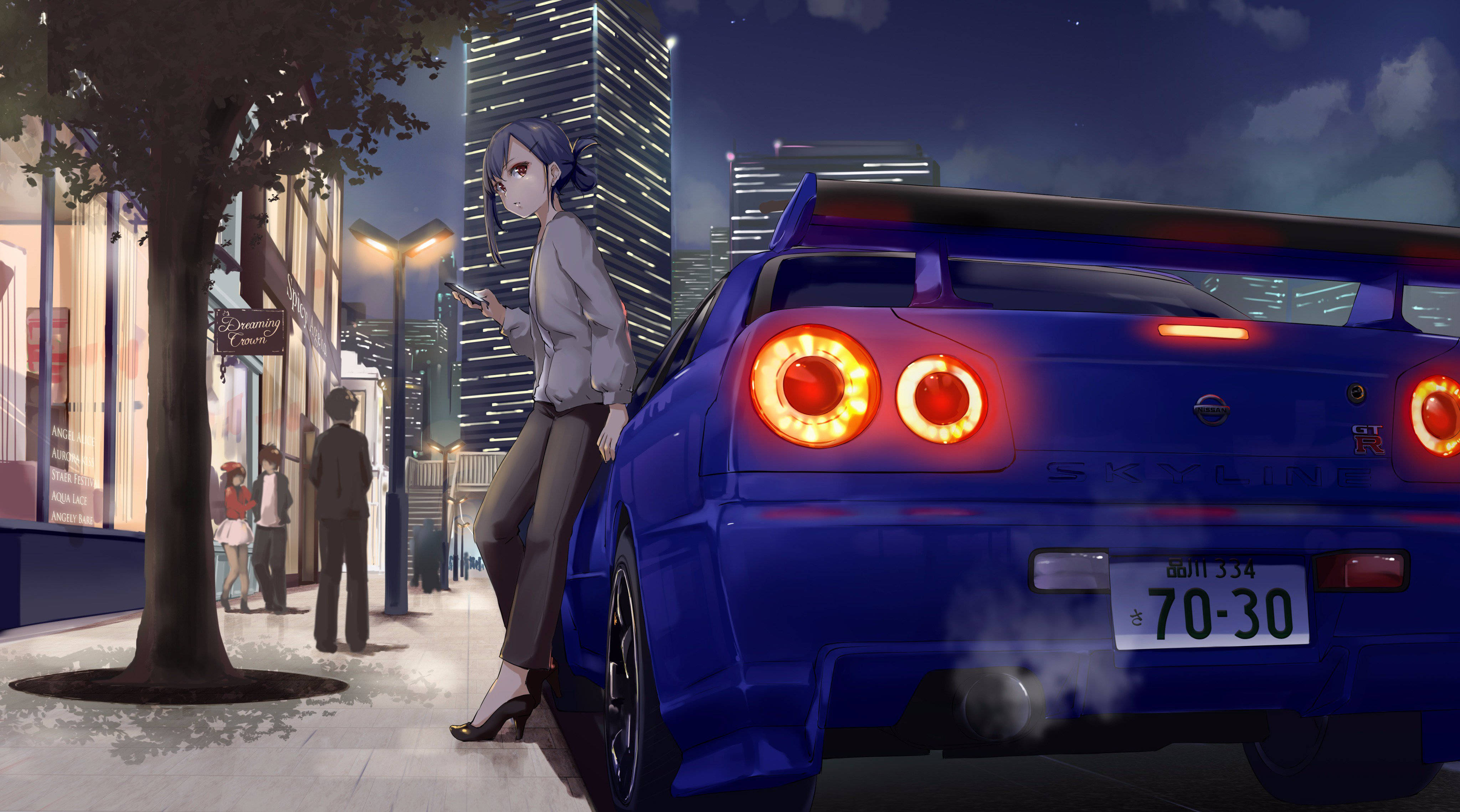 Κορίτσι που ακουμπάει σε ένα αυτοκίνητο Nissan Skyline Anime Ταπετσαρία