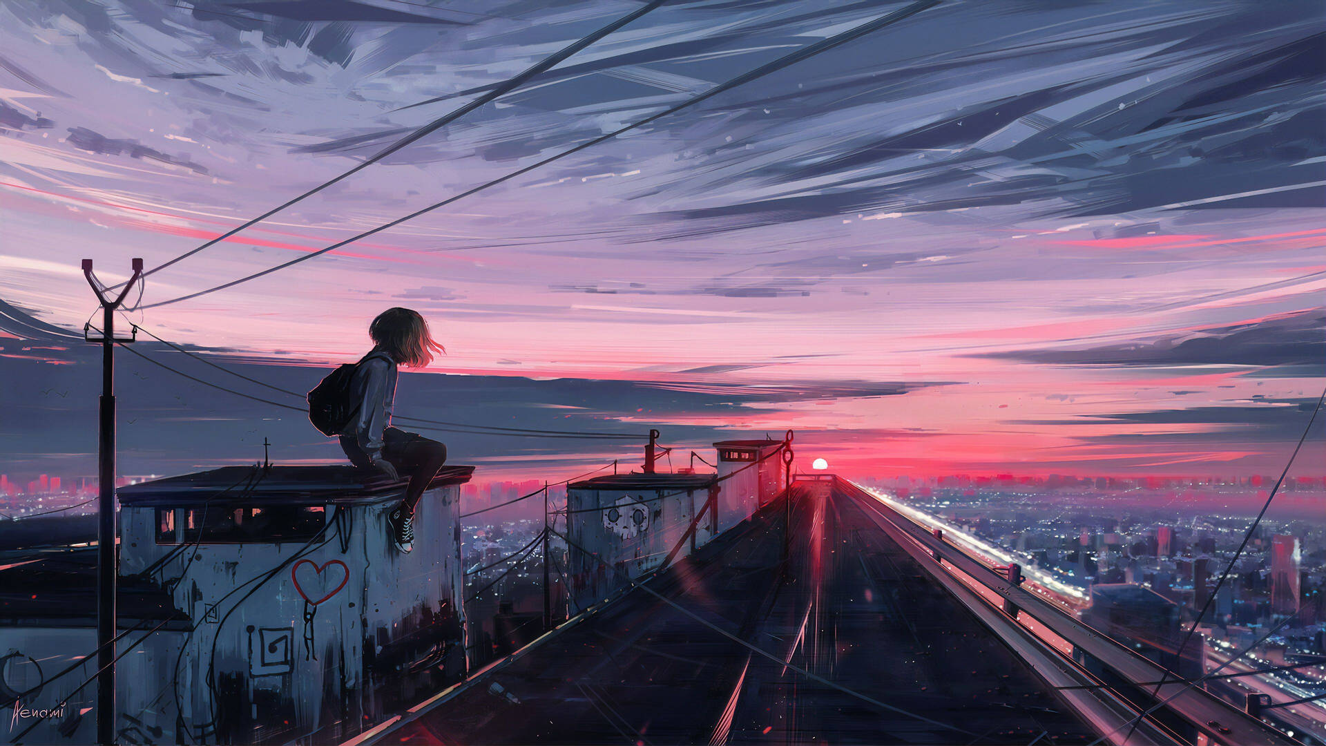 Κορίτσι στη Στέγη Αισθητική Anime Ηλιοβασίλεμα — Anime τοπίο GIF Ταπετσαρία