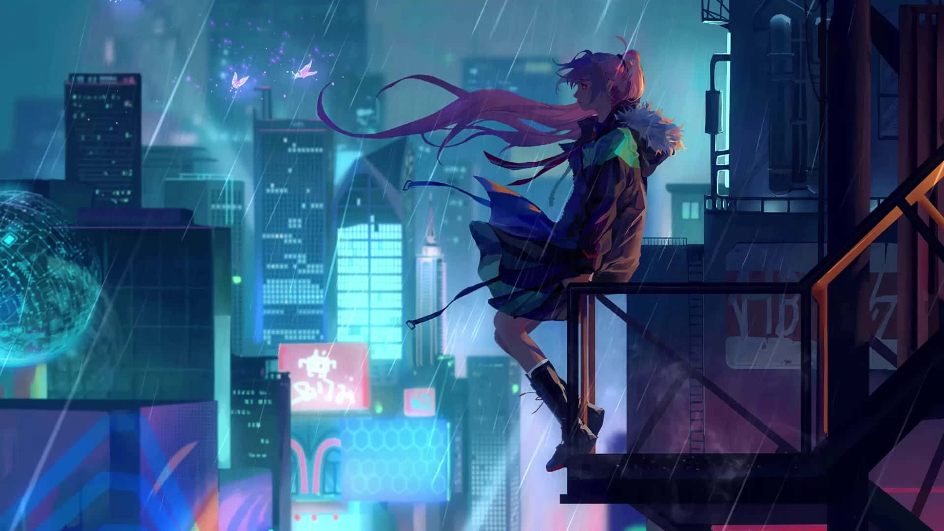 Κορίτσι στην Άκρη Νύχτας Anime — Ανιμέ πόλη GIF Ταπετσαρία