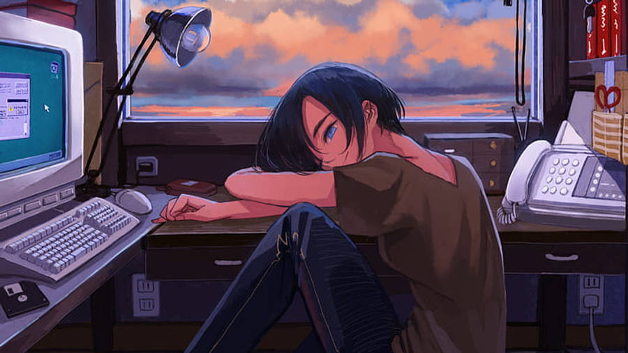 Κουρασμένο κορίτσι anime μπροστά από φορητό υπολογιστή Ταπετσαρία