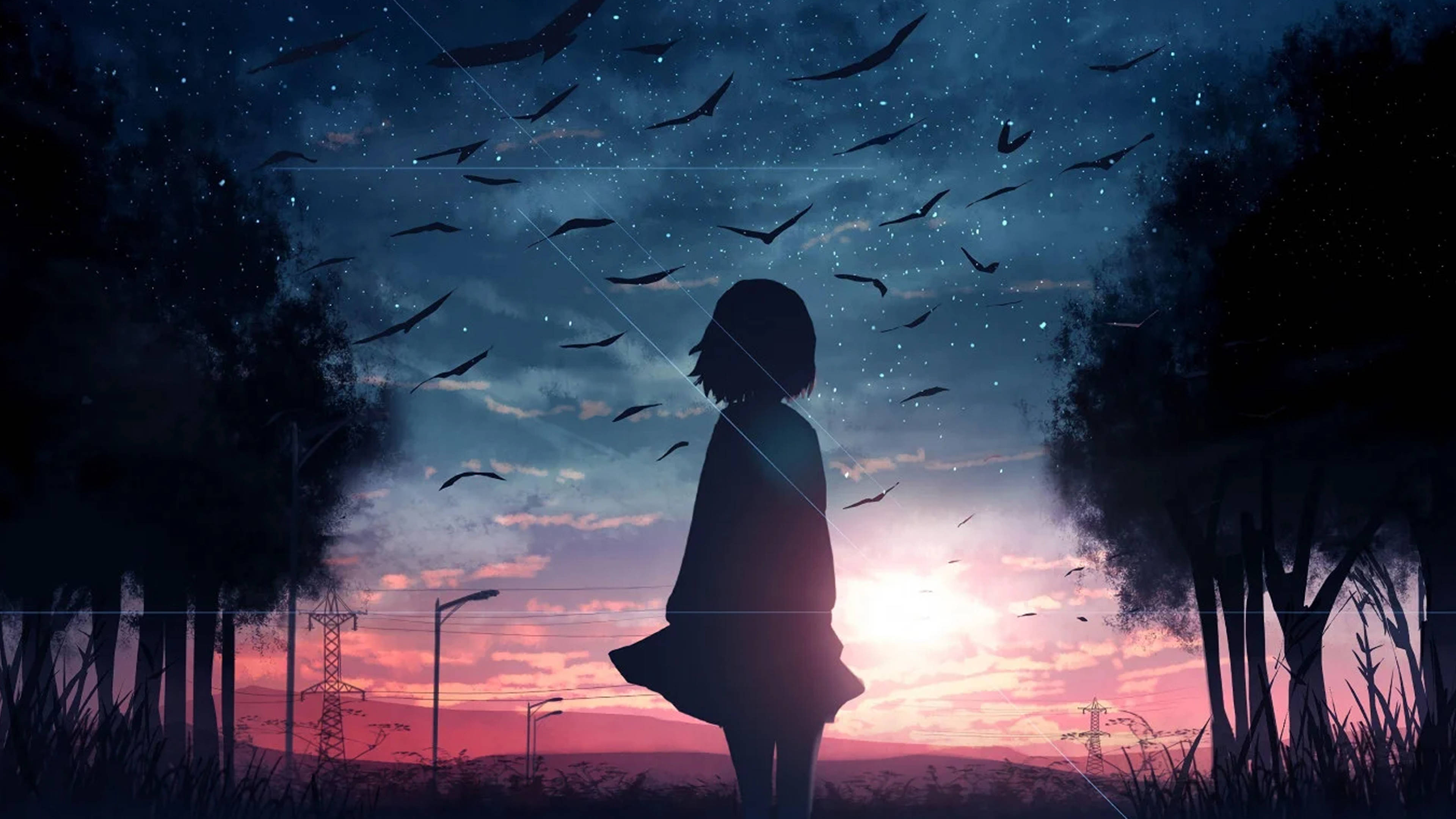 Λυπημένο Anime Κορίτσι 4K Κοιτάζει τον Ουρανό Ταπετσαρία