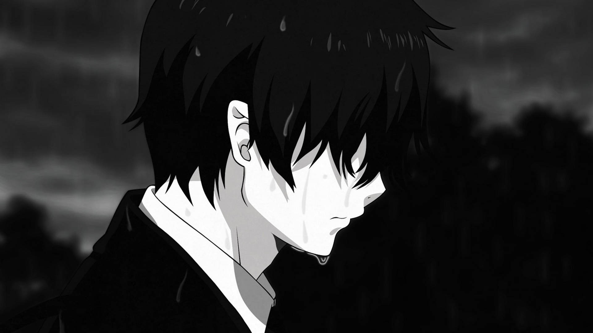 Λυπημένος Άνδρας Anime 4k που Κλαίει στη Βροχή — Λυπημένο anime GIF Ταπετσαρία