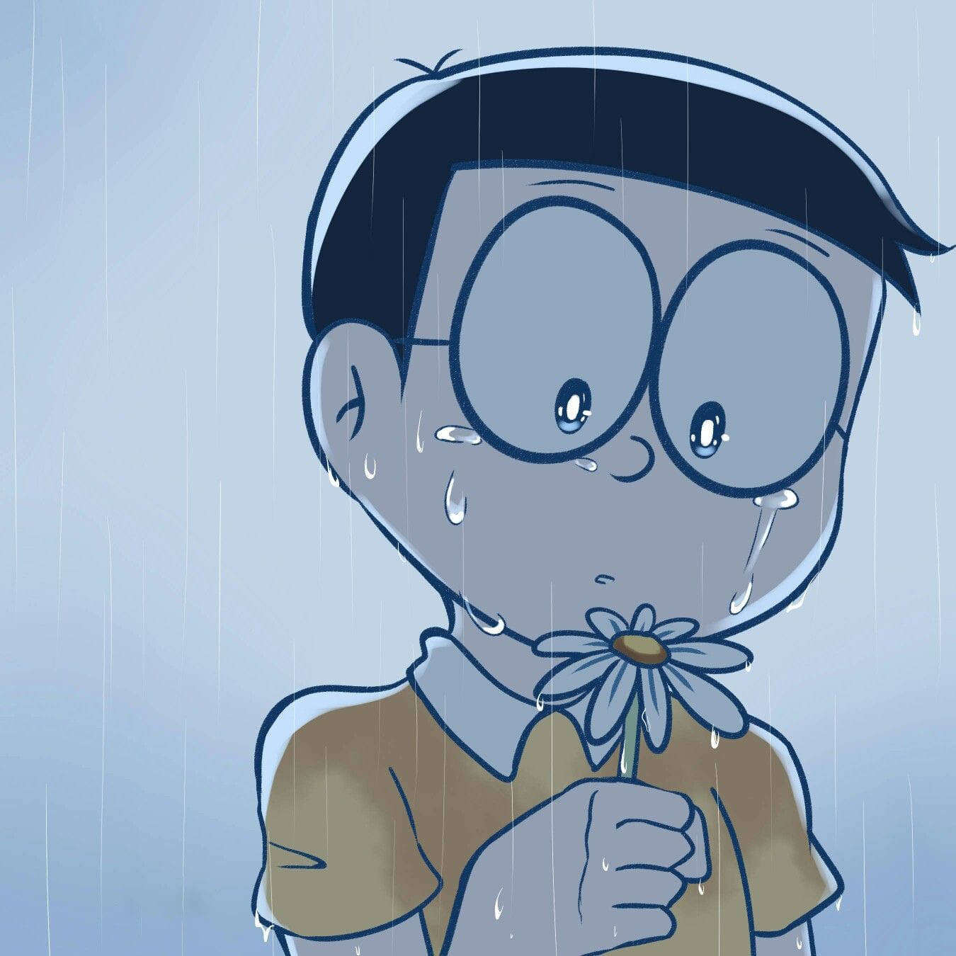 Λυπημένος Νομπίτα κρατώντας λουλούδι Doraemon Ταπετσαρία
