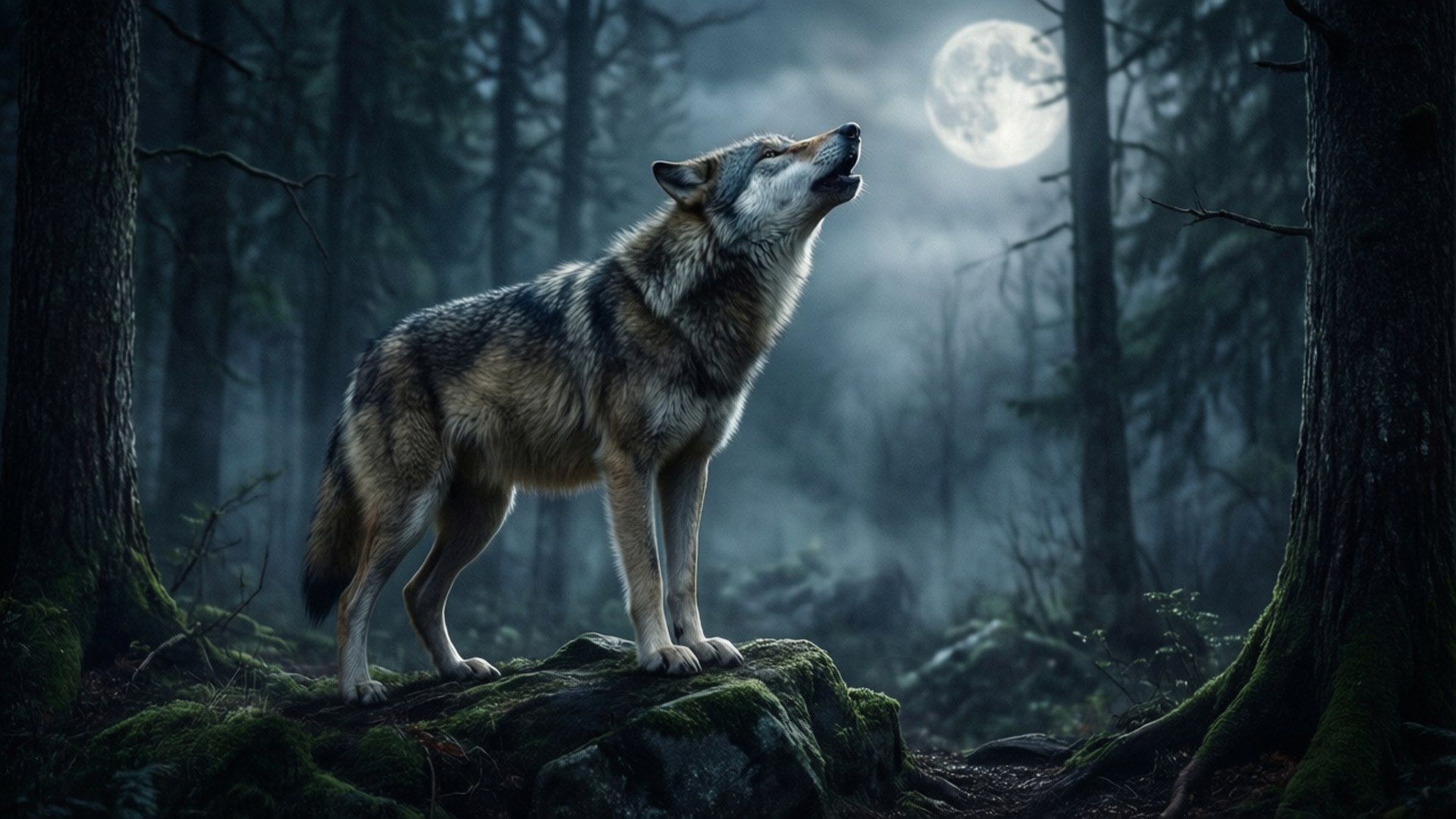 Λύκος που ουρλιάζει στο σκοτεινό δάσος Ταπετσαρία