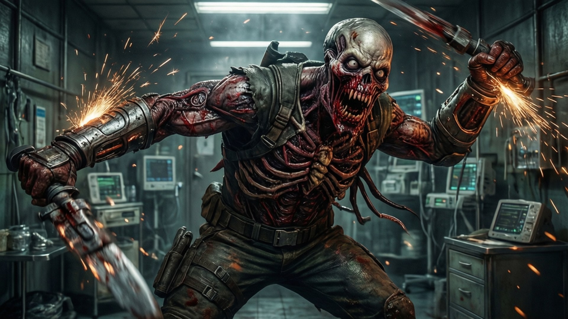 Έντονη μάχη μεταξύ του Isaac και ενός Brute necromorph στο ιατρικό τμήμα. — Νεκρός χώρος Ταπετσαρία