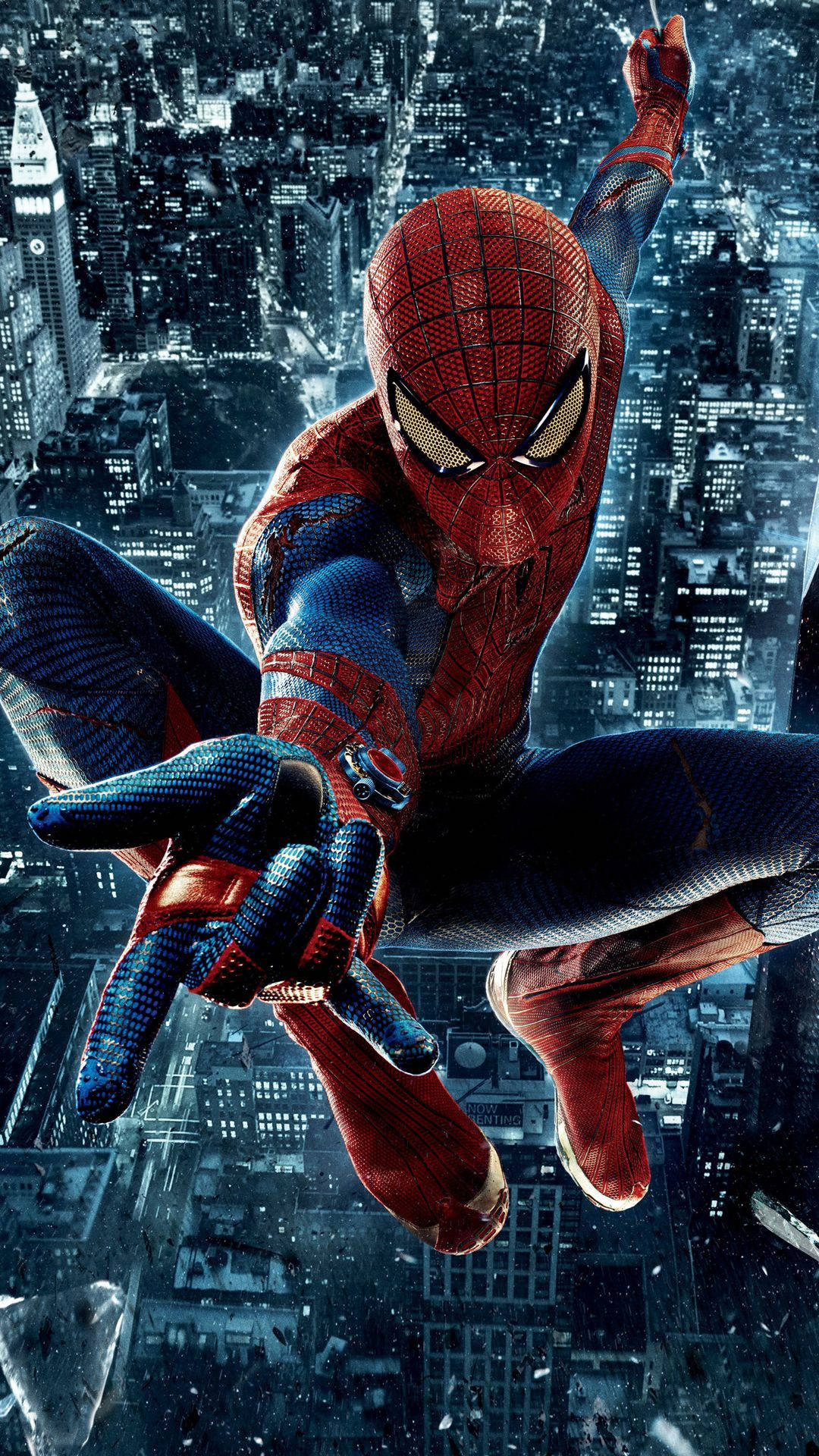 Ο Spider-Man χρησιμοποιεί τον ιστό του για να πηδήξει πάνω από ψηλά κτίρια, δείχνοντας τα φώτα της πόλης από κάτω. — Spider Man Ταπετσαρία