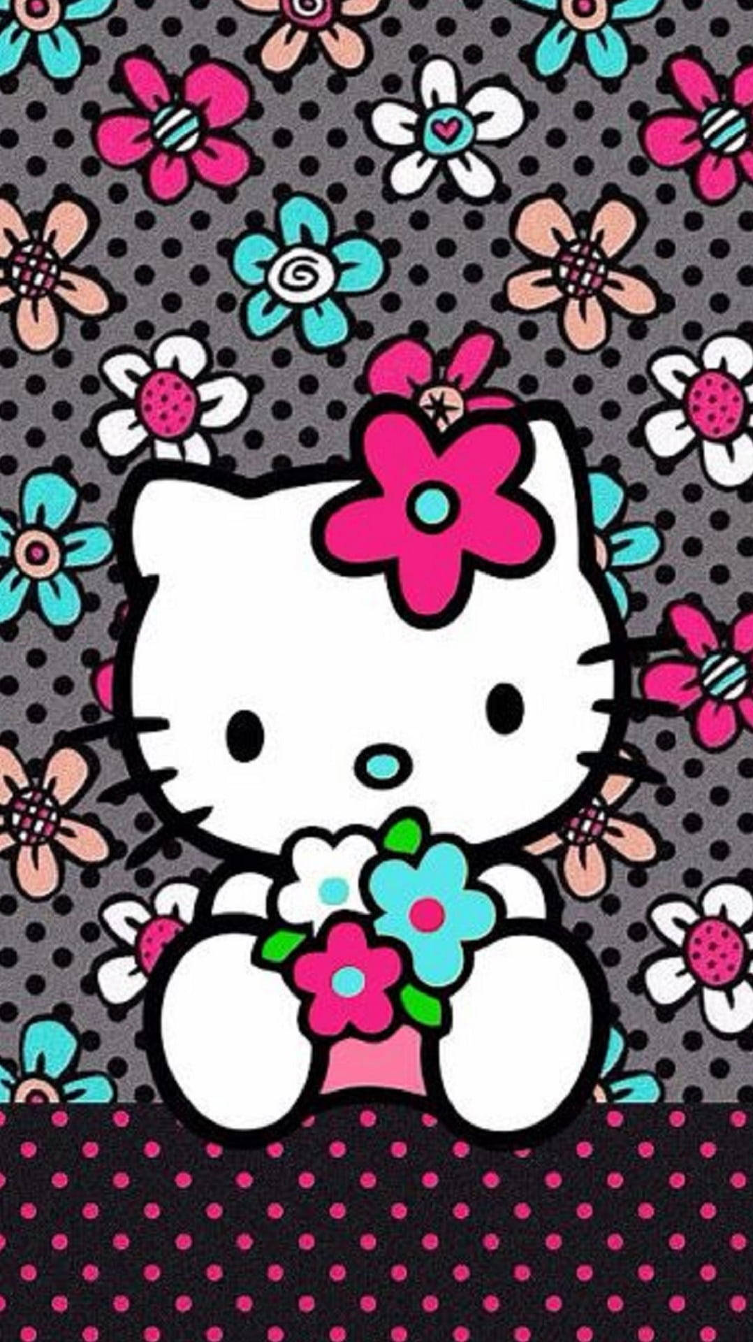Μαύρη Hello Kitty με Λουλούδια Ταπετσαρία