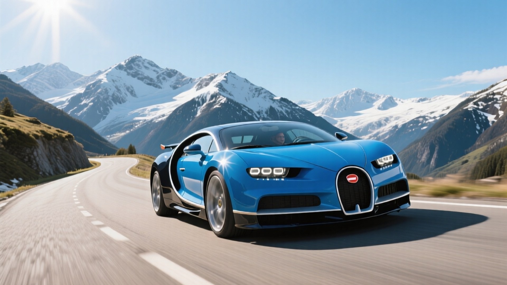 Μπλε Bugatti Chiron σε φιδωτό ορεινό δρόμο — Cool cars GIF Ταπετσαρία