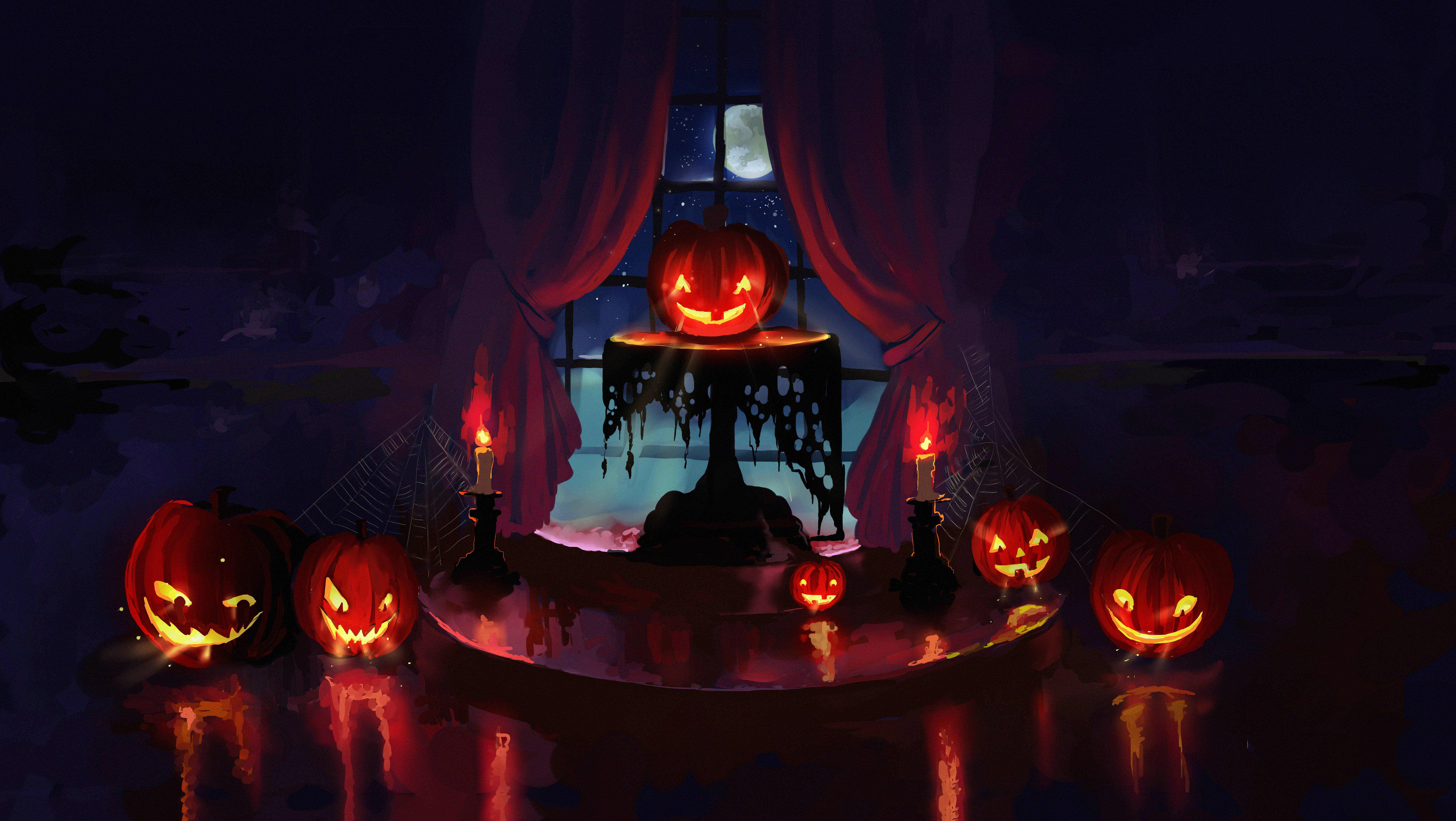 Μια ανατριχιαστική σκηνή Halloween με κολοκύθες και κεριά Ταπετσαρία