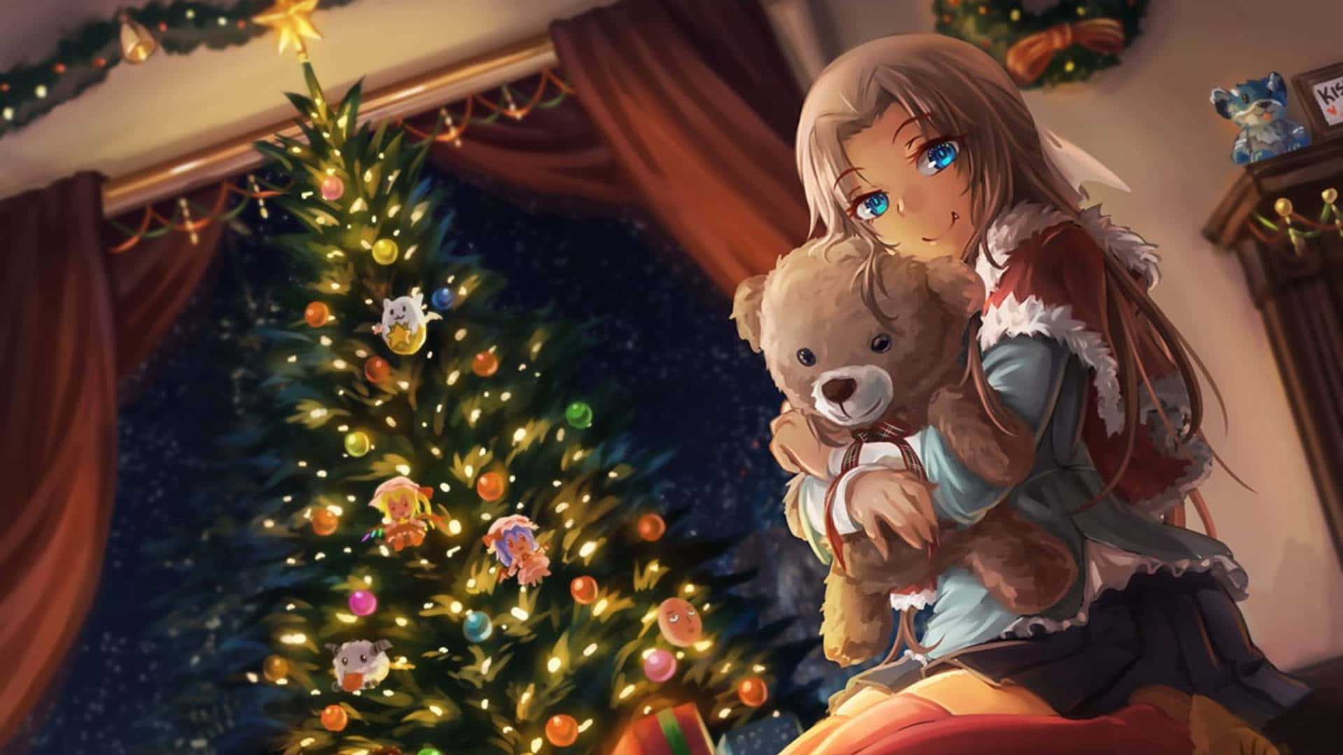 Μια γιορτινή χριστουγεννιάτικη υπόκρουση anime με χιονισμένο δέντρο και αξιολάτρευτους χαρακτήρες να γιορτάζουν τις γιορτές. Ταπετσαρία