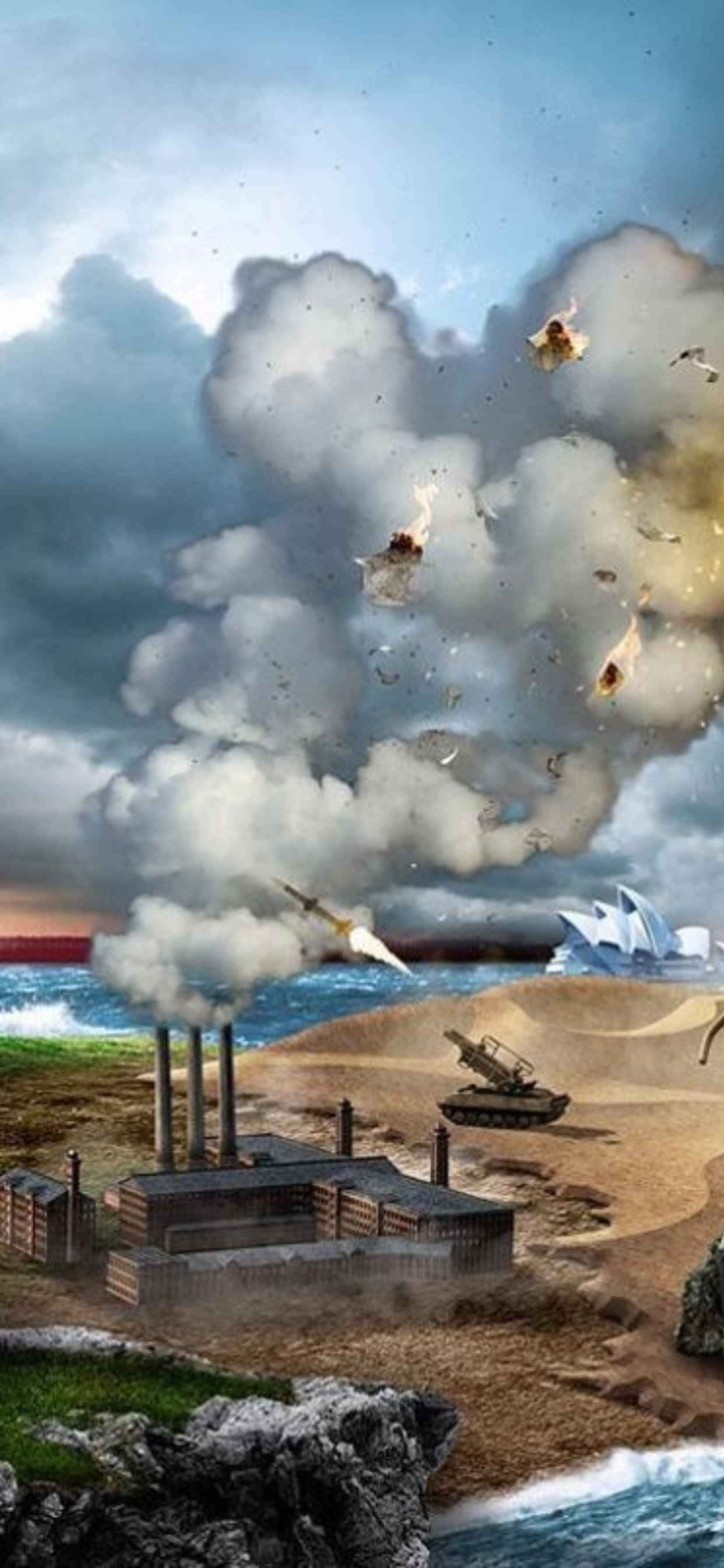 μια ζωγραφιά ενός πυρηνικού σταθμού με καπνό να βγαίνει από αυτόν Ταπετσαρία