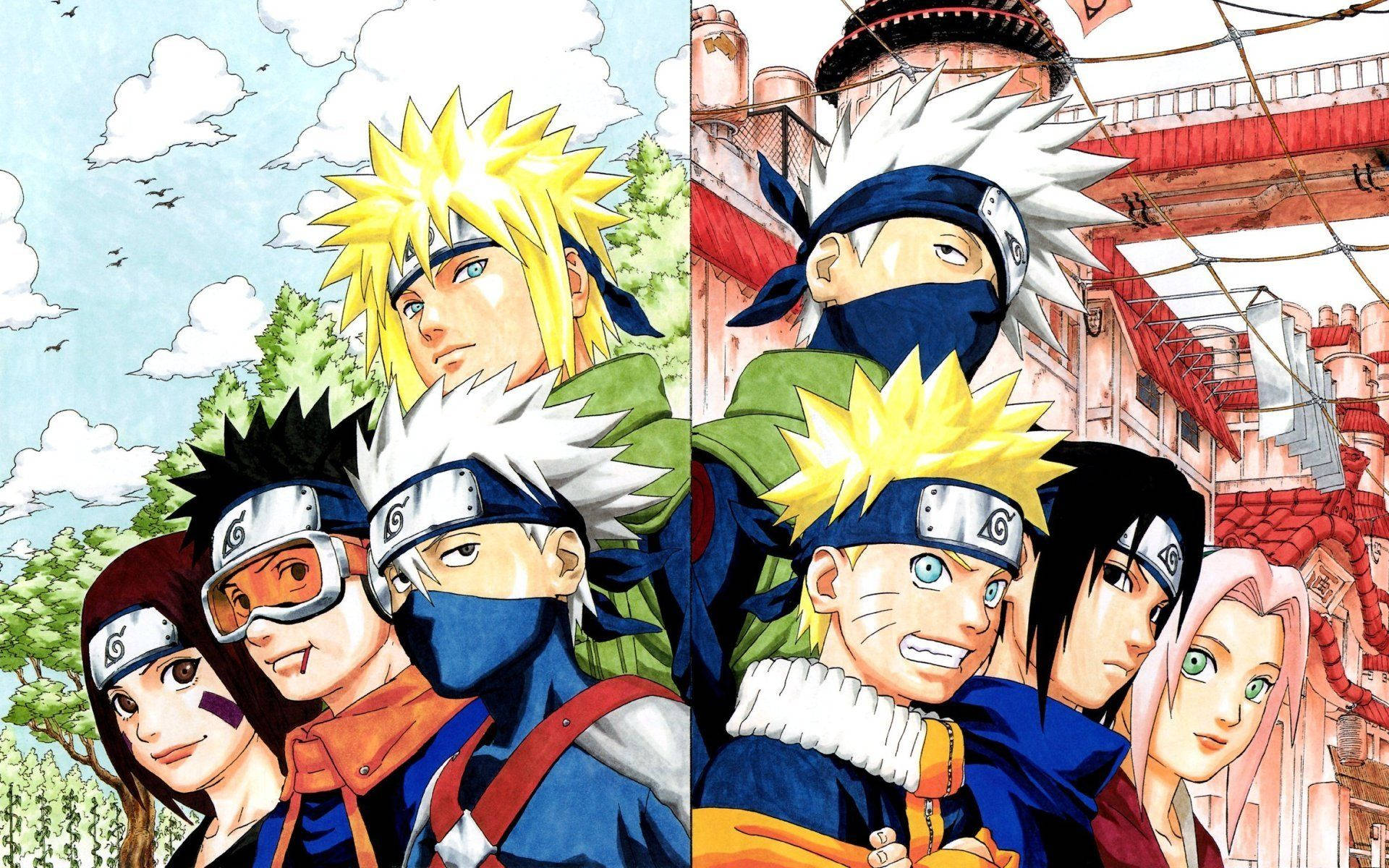 Ο Minato με την ομάδα του και ο Kakashi με την ομάδα του, Naruto, Sasuke και Sakura. — Naruto Ταπετσαρία