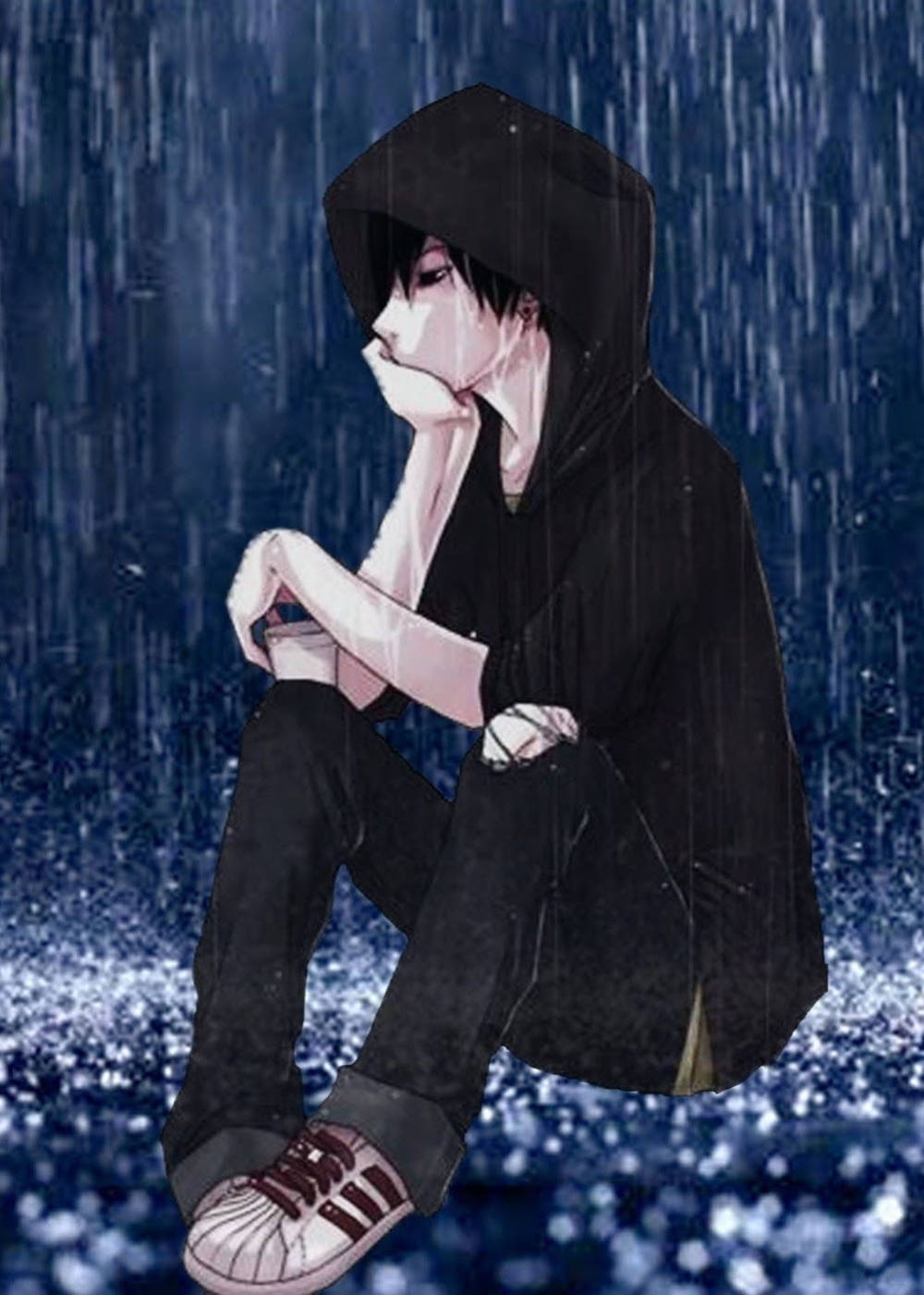 Μοναχικοί Λυπημένοι Άντρες Anime με Μαύρο Hoodie Ταπετσαρία