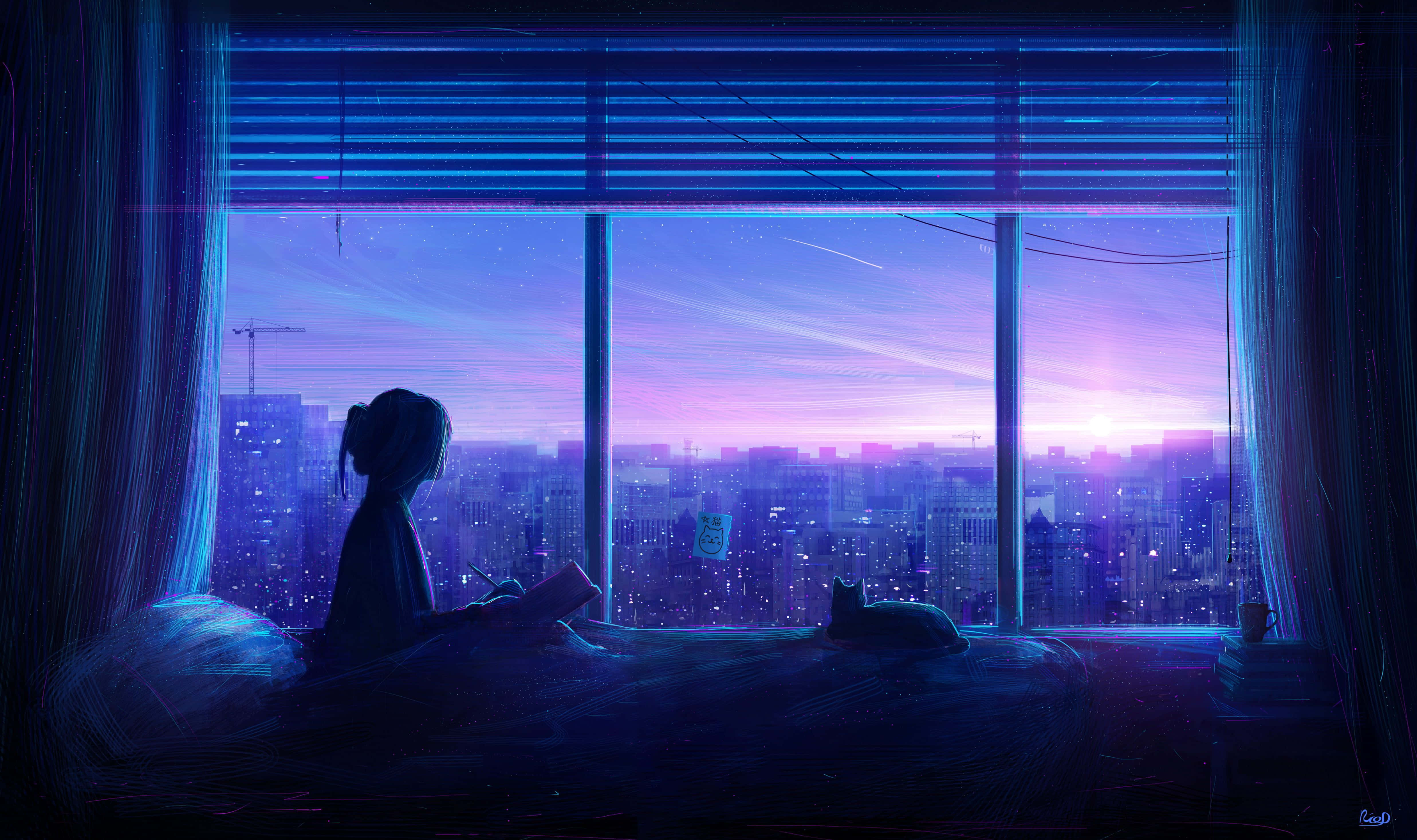 Μπλε Αισθητική Anime Κορίτσι σε Φαρδύ Παράθυρο με Ηλιοβασίλεμα Ταπετσαρία