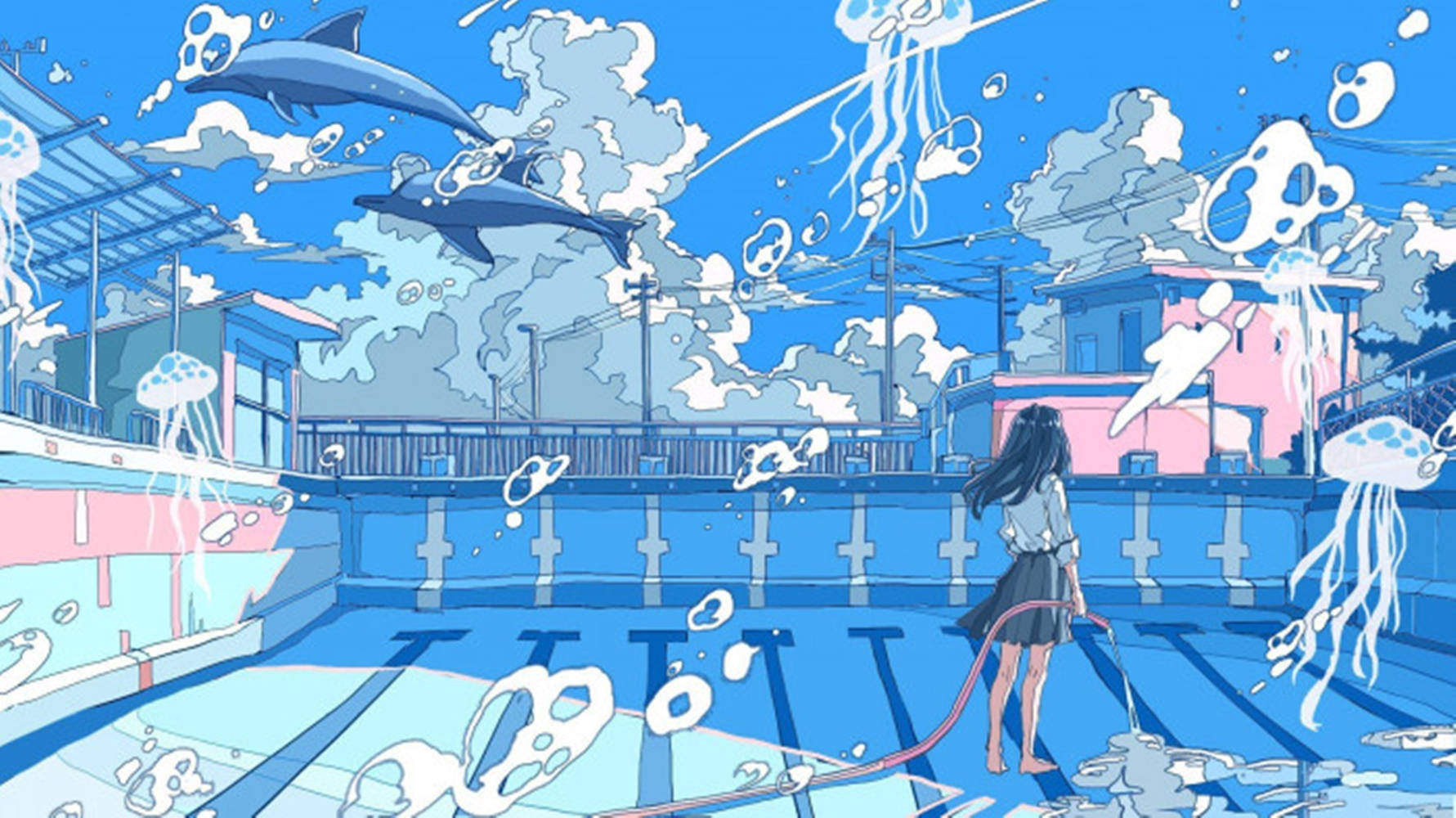 Μπλε Αισθητική Anime Πισίνας Ταπετσαρία