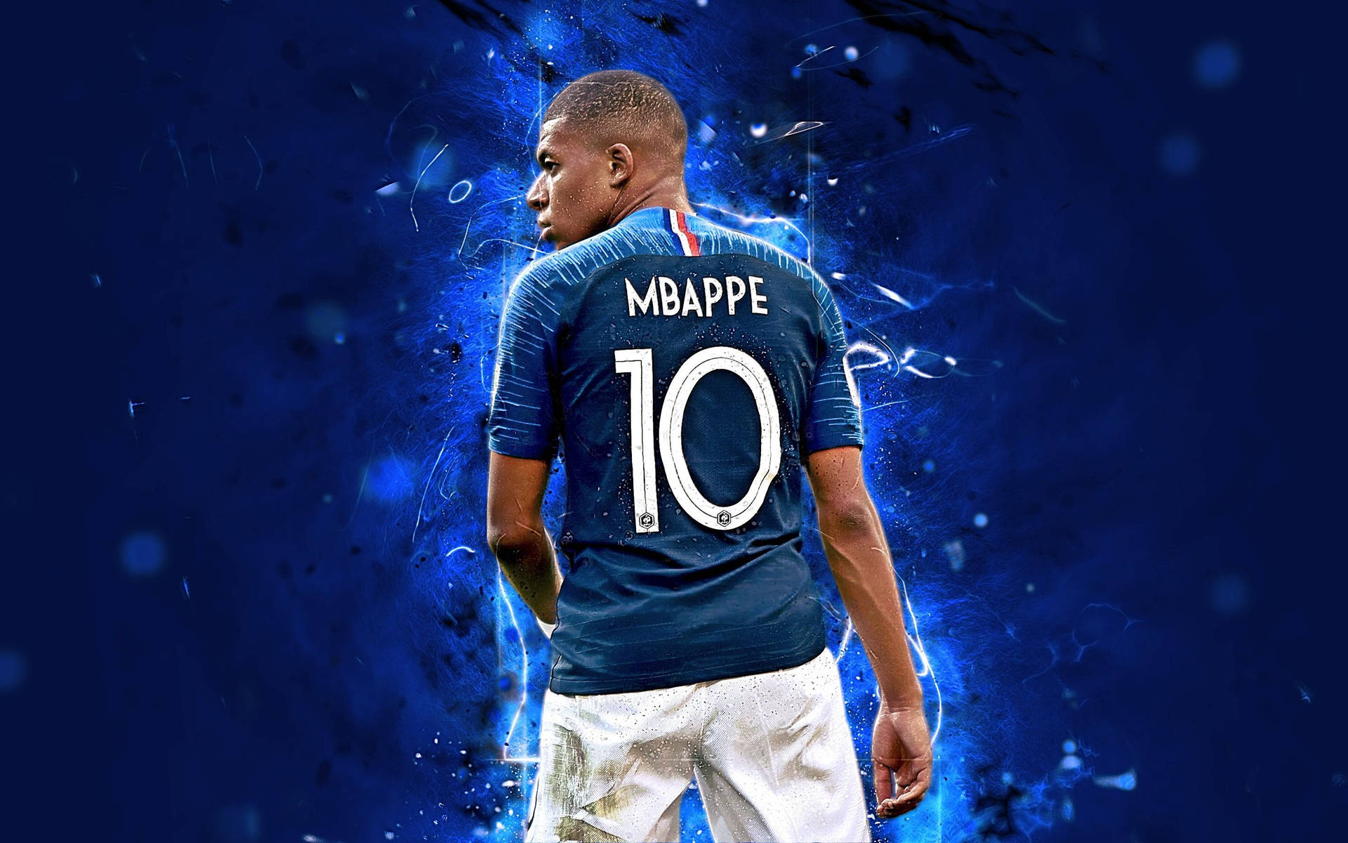 Μπλε Φανέλα με Νούμερο 10 Kylian Mbappe 4k Fanart — Μπλε αισθητική GIF Ταπετσαρία