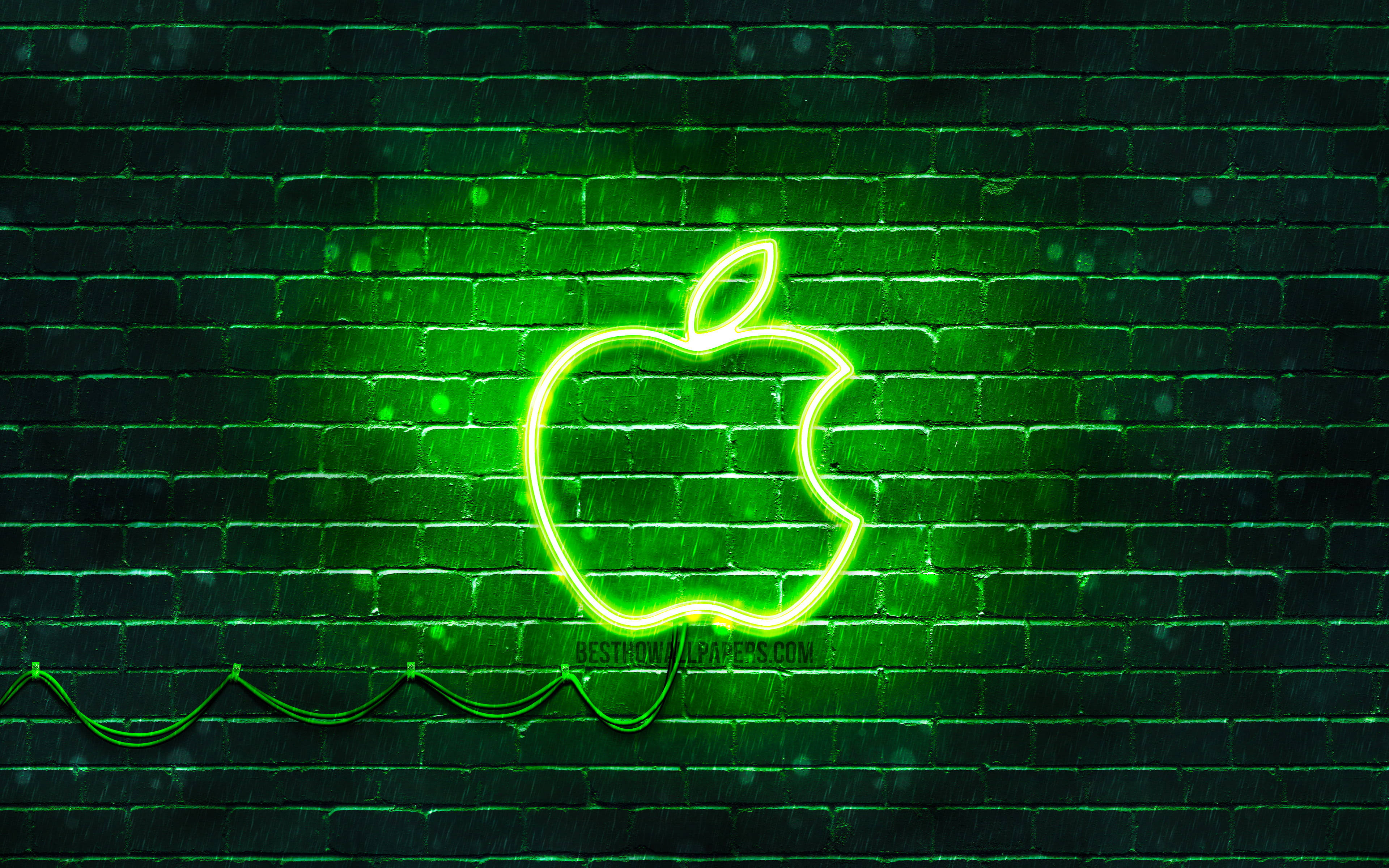 Νέον Πράσινο Αισθητικό Λογότυπο Apple σε Τοίχο από Τούβλα Ταπετσαρία