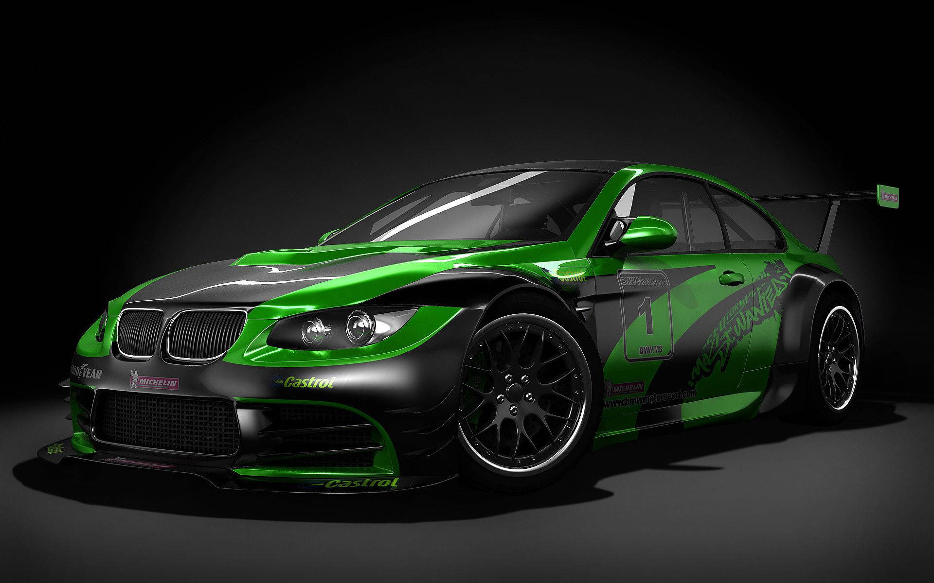 Πράσινη και μαύρη BMW M3 σπορ αυτοκίνητο σε μαύρο δωμάτιο ταπετσαρία — Bmw Ταπετσαρία