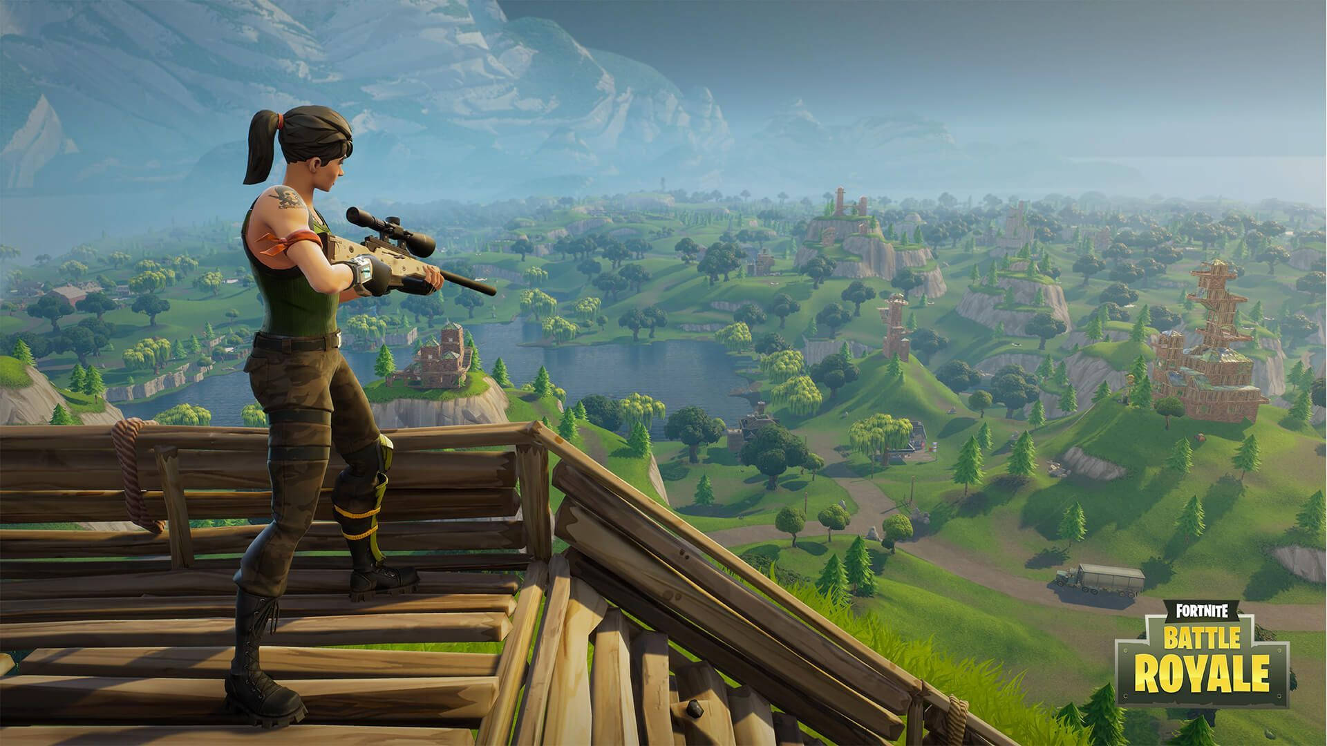 Μια γυναίκα στρατιώτης κρατά ένα sniper για να ψάξει για στόχο στο έδαφος στο παιχνίδι Fortnite Battle Royale wallpaper. — Fortnite Ταπετσαρία