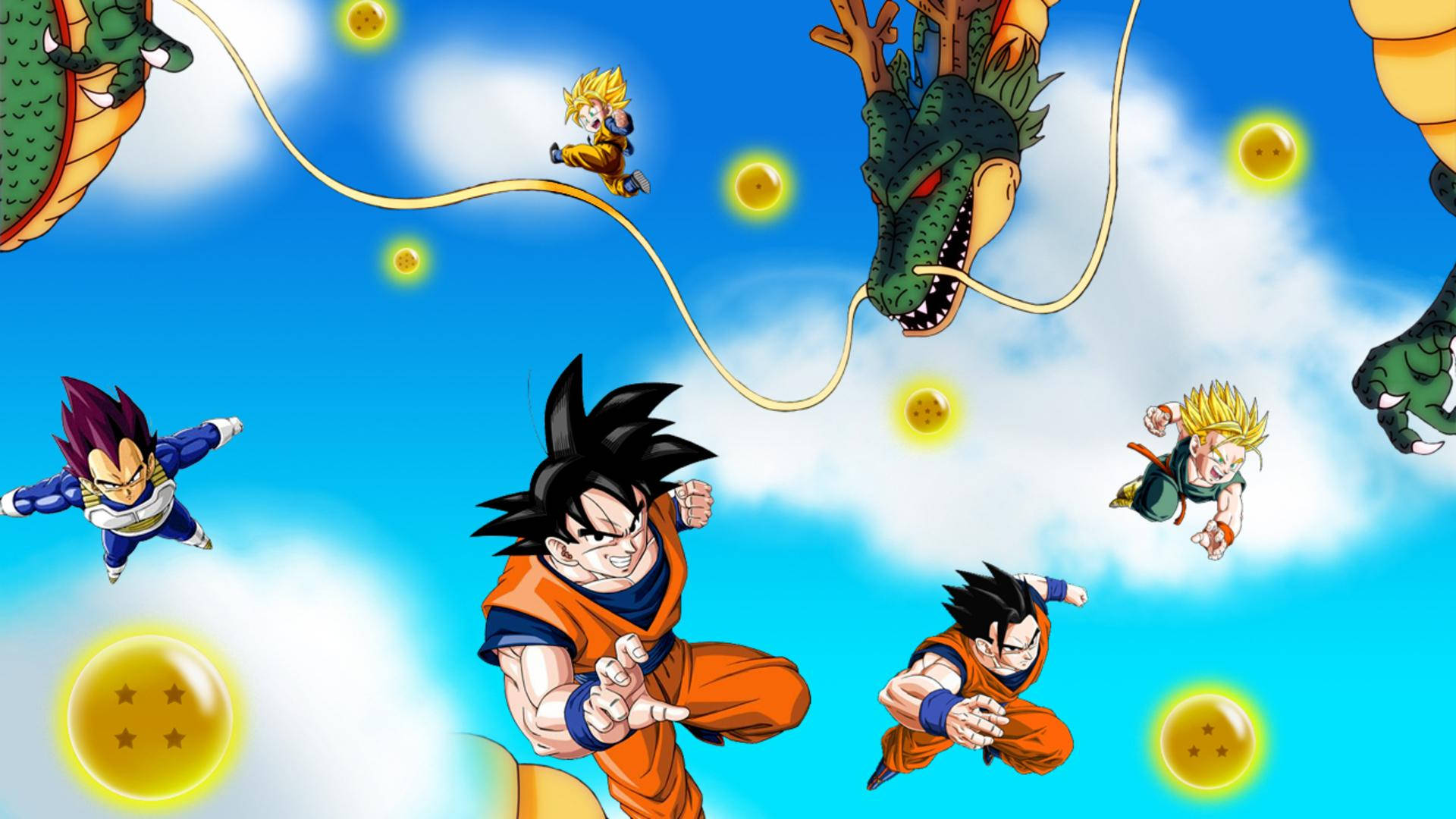 Dragon Ball Z super broly San Goku και Vegeta με τον πράσινο δράκο Shenron να αιωρείται με τις μπάλες του δράκου. — Dragon Ball Ταπετσαρία