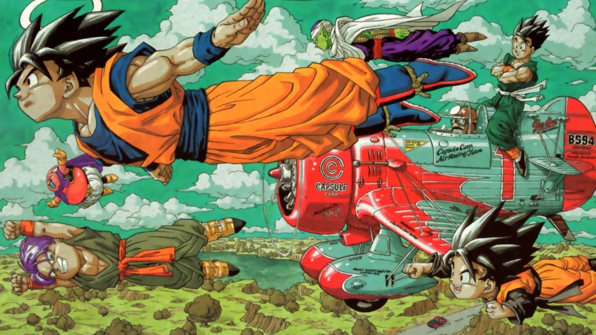 Dragon Ball Z San Goku με τον Gohan και τον Goten να πετούν με μια μηχανή, χαρακτήρες super saiyans. — Dragon Ball Ταπετσαρία