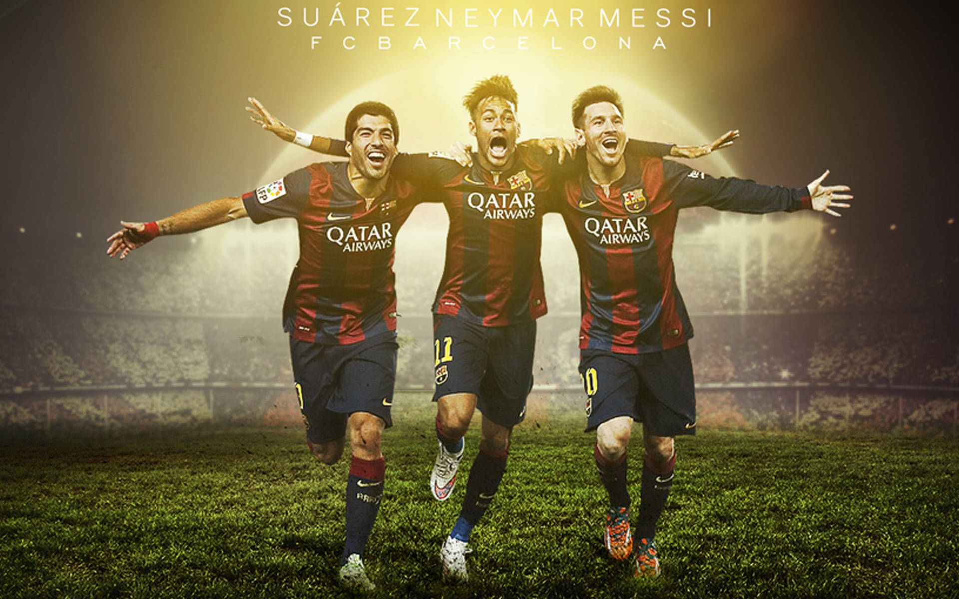 Ταπετσαρία με τους Messi Suarez Neymar να τρέχουν σε γήπεδο ποδοσφαίρου — Messi Ταπετσαρία