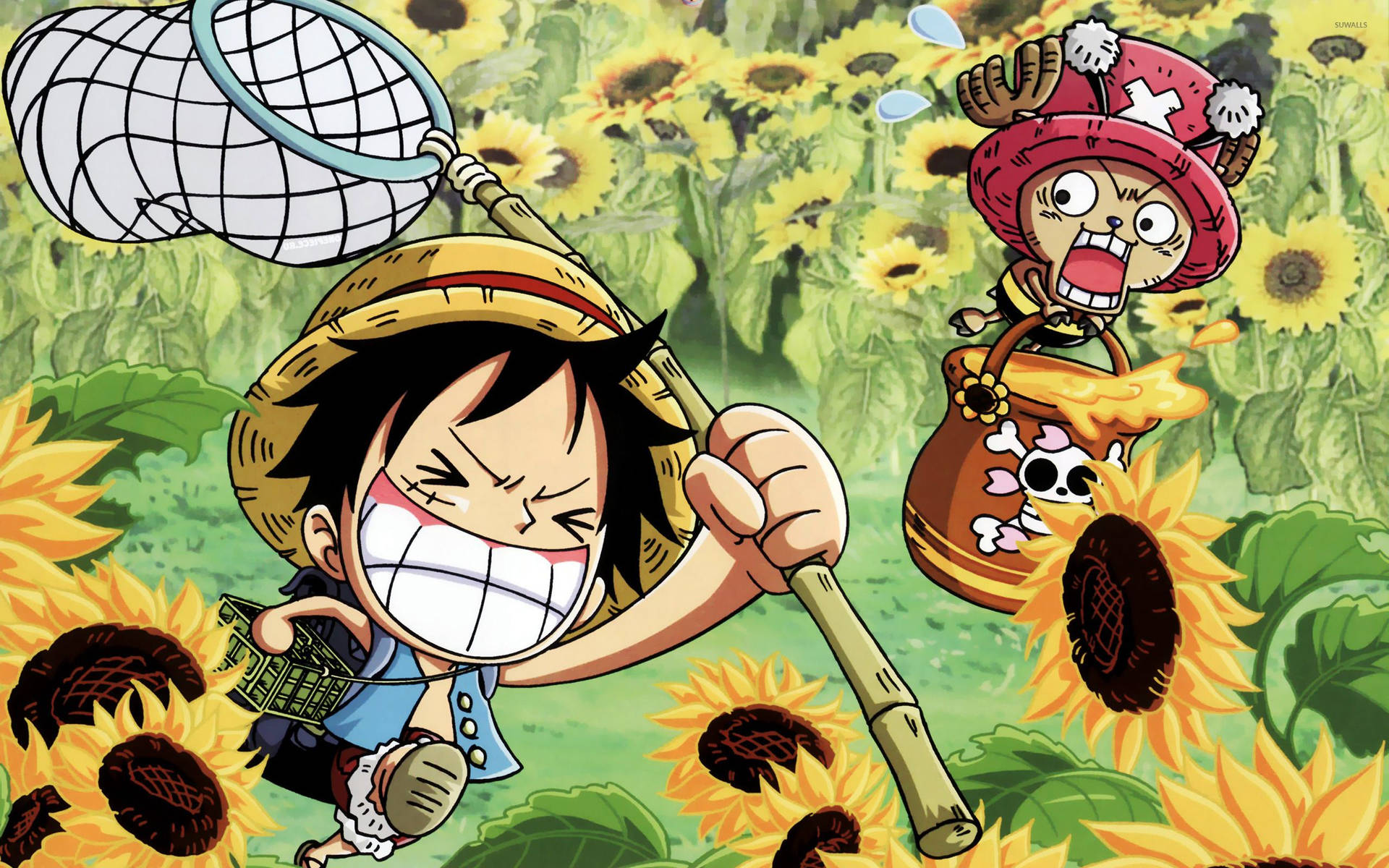 Ταπετσαρία με τον Luffy και τον Chopper του One Piece σε ένα ηλιόλουστο χωράφι με ηλίανθους. — One Piece Ταπετσαρία