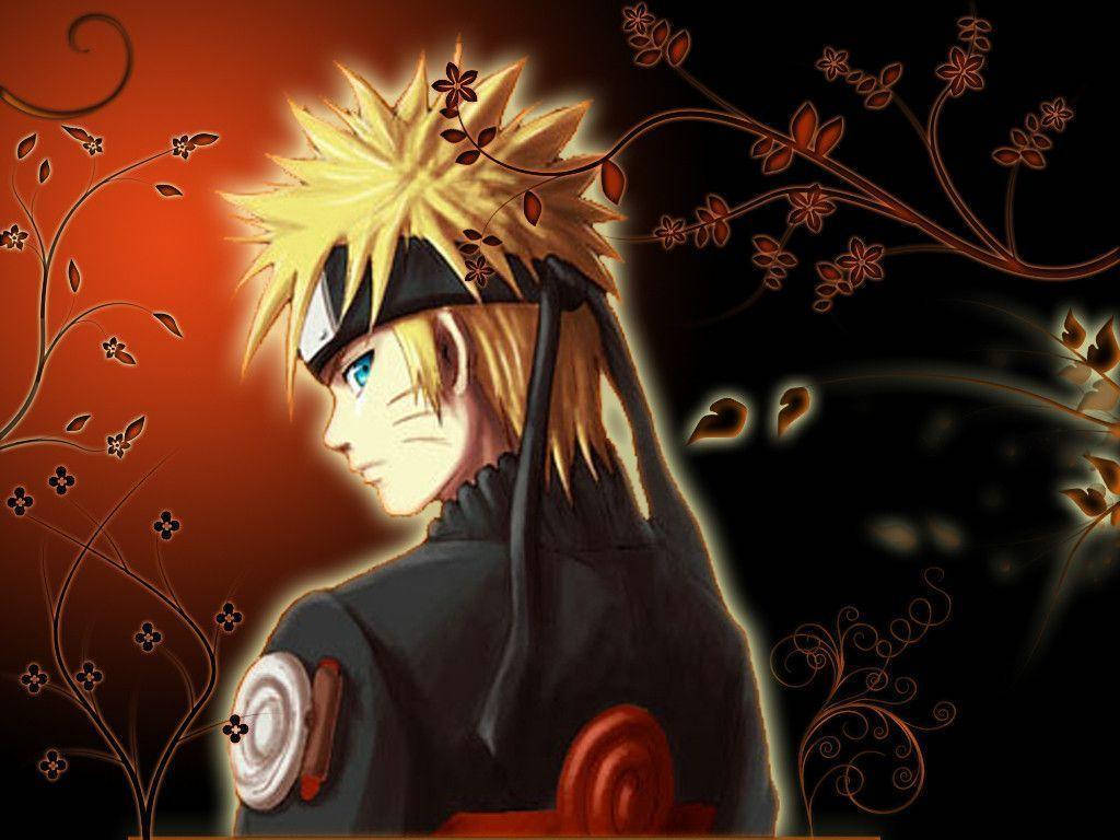 Ο Naruto Uzumaki φορώντας τη στολή Konoha σε κόκκινο και μαύρο φόντο με κλήματα και λουλούδια. — Naruto Ταπετσαρία