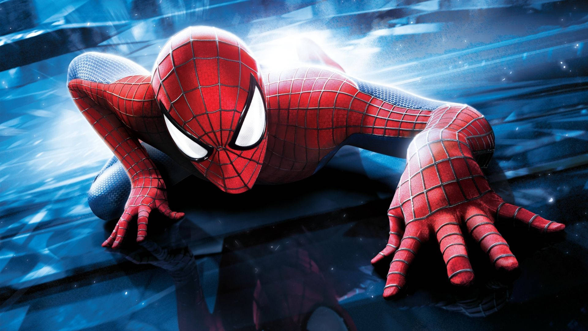 Ο Spider-Man σκαρφαλώνει ένα ψηλό γυάλινο κτίριο σε μια σκοτεινή πόλη. — Spider Man Ταπετσαρία