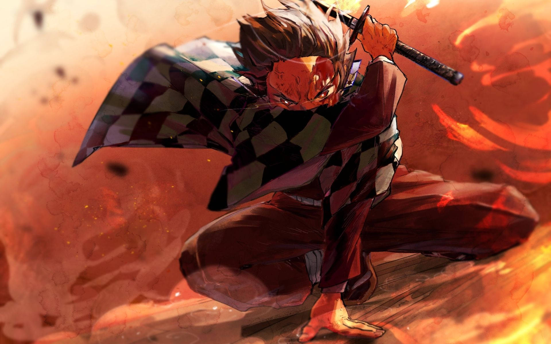 Ταπετσαρία Demon Slayer του Kamado Tanjiro περιτριγυρισμένου από καπνό και φωτιά. — Demon Slayer Ταπετσαρία