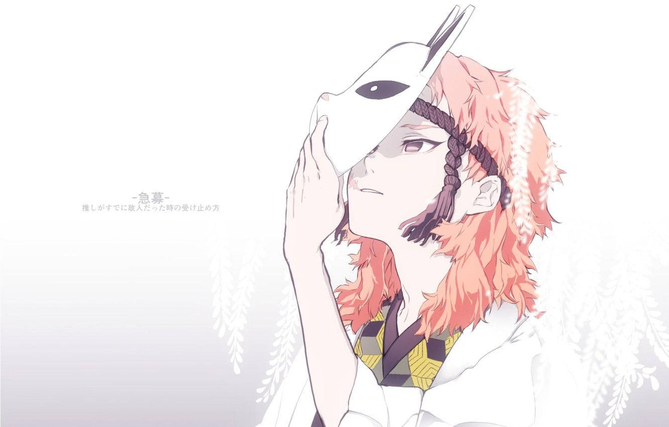 Ταπετσαρία Demon Slayer του Sabito να φοράει μάσκα Kitsune με λευκά λουλούδια wisteria. — Demon Slayer Ταπετσαρία