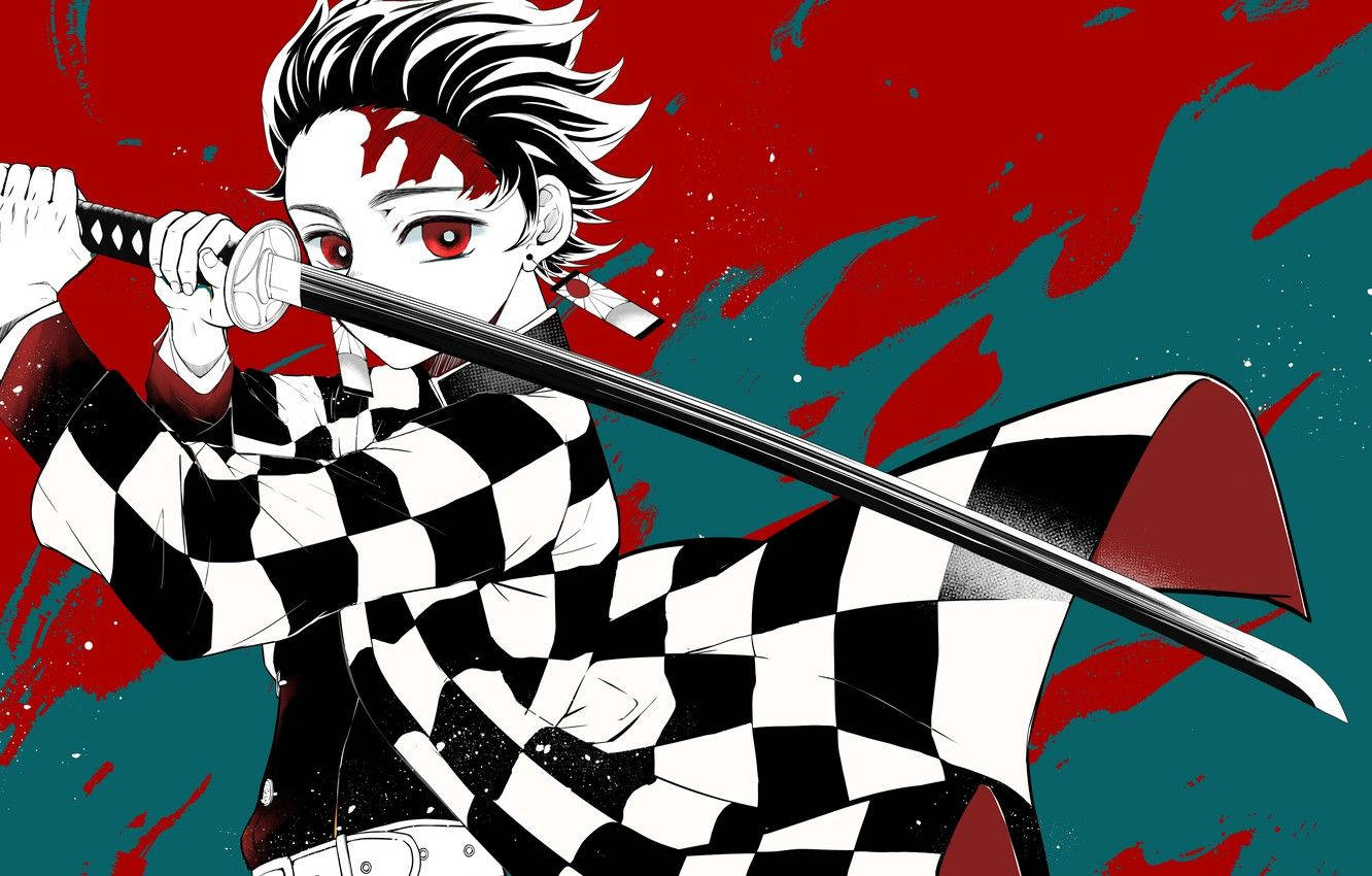 Ταπετσαρία Demon Slayer του Καμάντο Ταντζίρο να κρατά ένα μακρύ κομψό μαύρο σπαθί. — Demon Slayer Ταπετσαρία