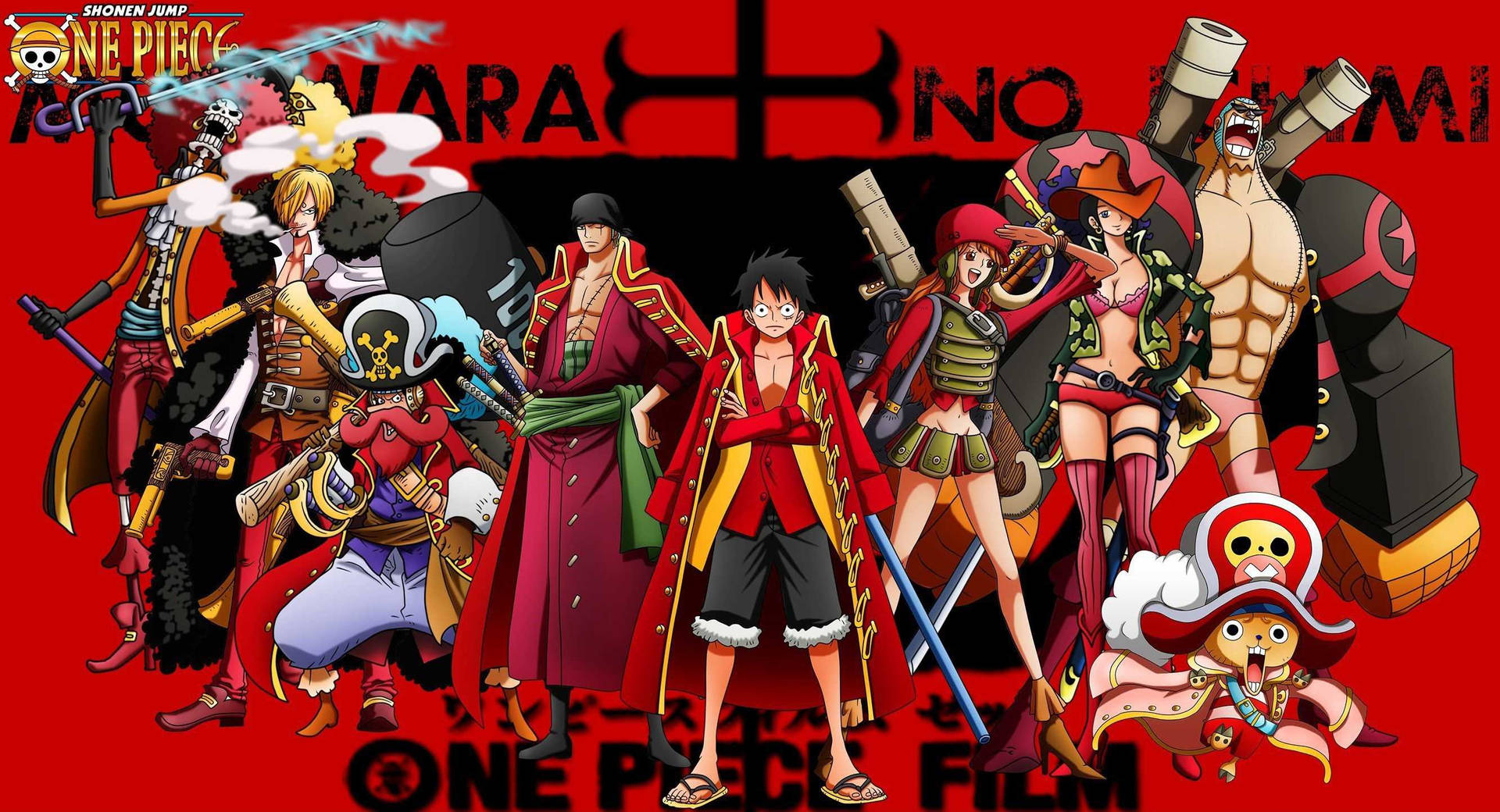 Ο Luffy και οι Πειρατές του Καπέλου του Άχυρου σε μια κόκκινη και μαύρη ταπετσαρία One Piece. — One Piece Ταπετσαρία