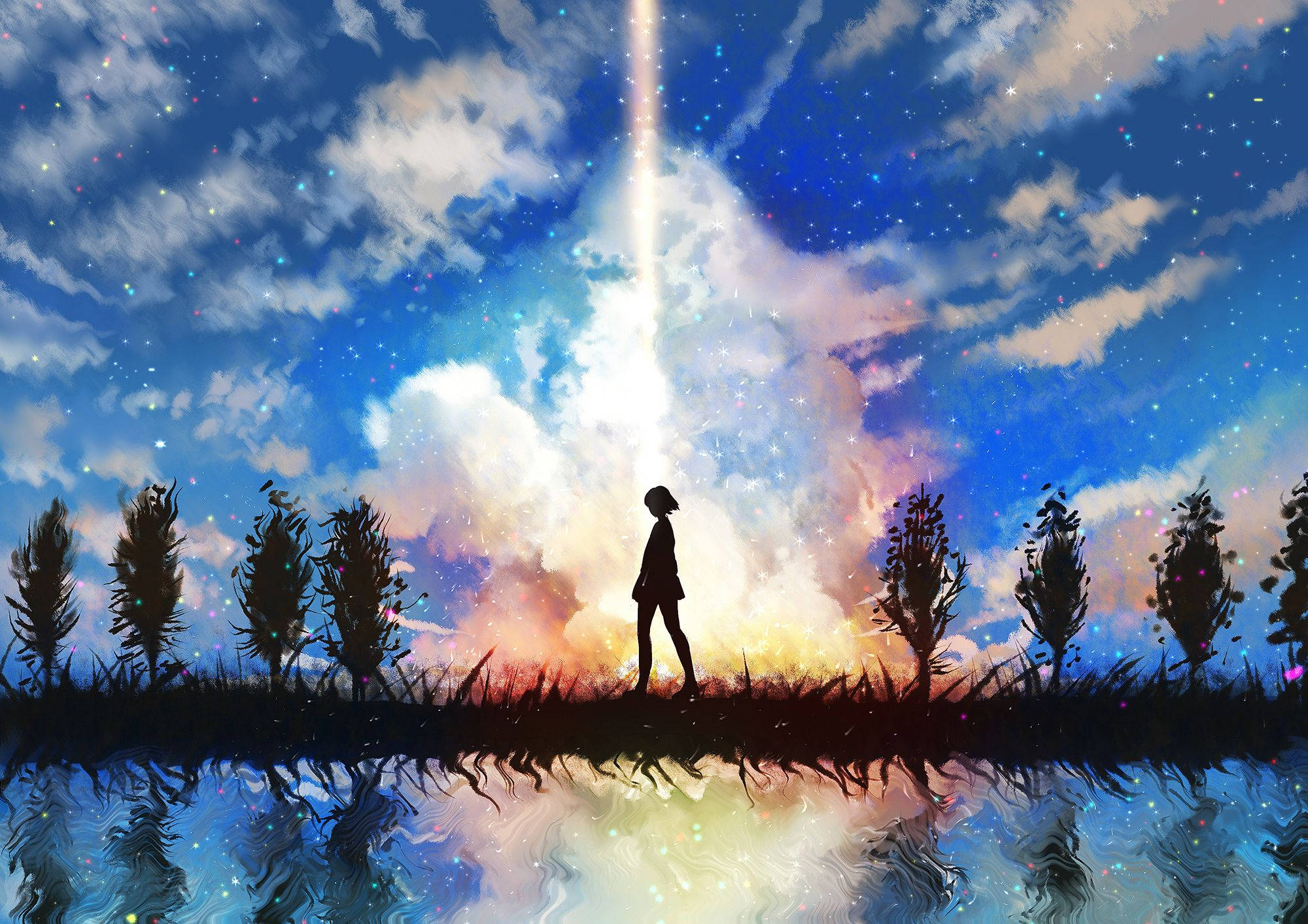 Ουρανός με Αστέρια σε Τοπίο Anime Ταπετσαρία