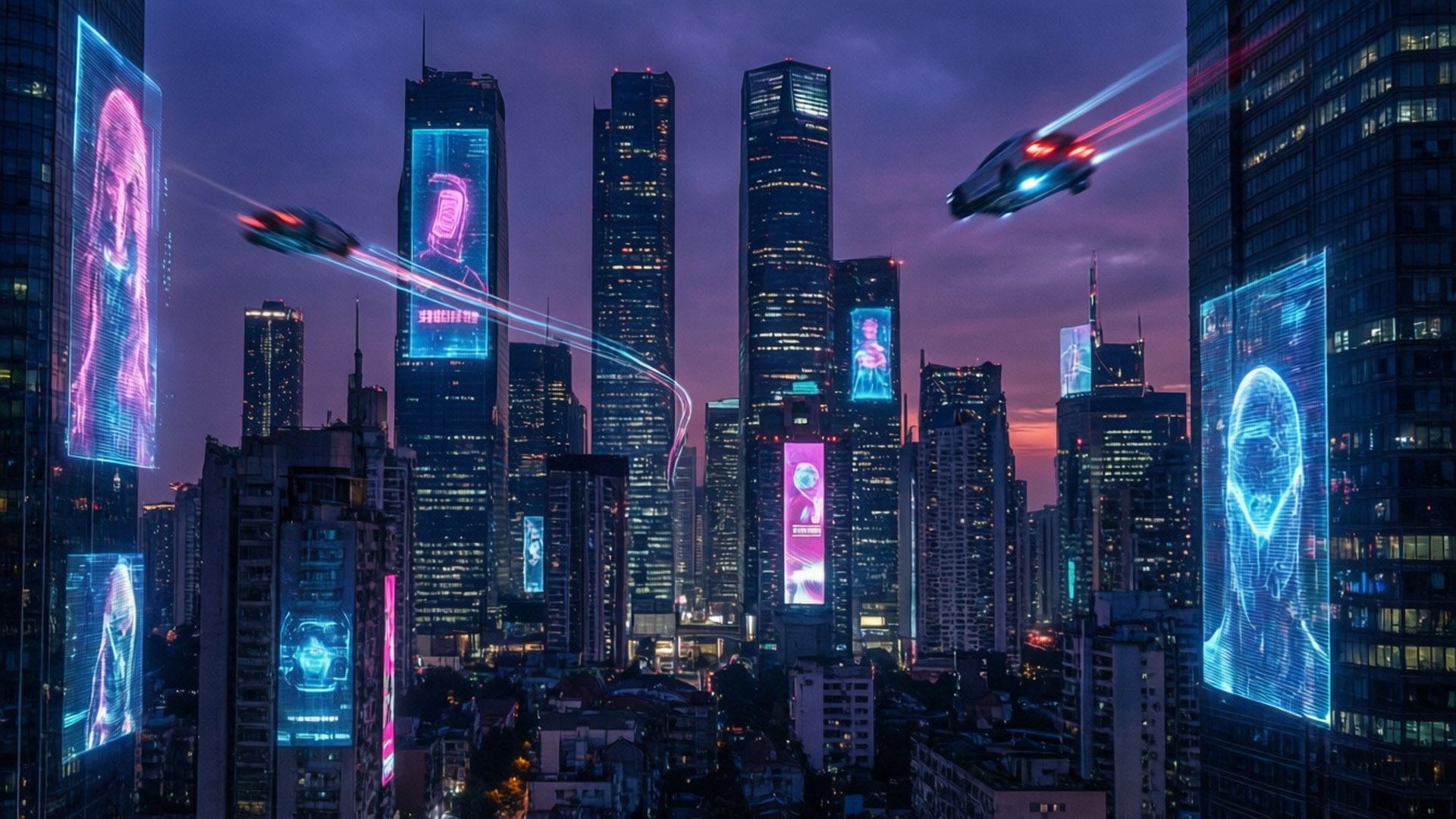 Ουρανός Πόλης Cyberpunk στο Λυκόφως Ταπετσαρία
