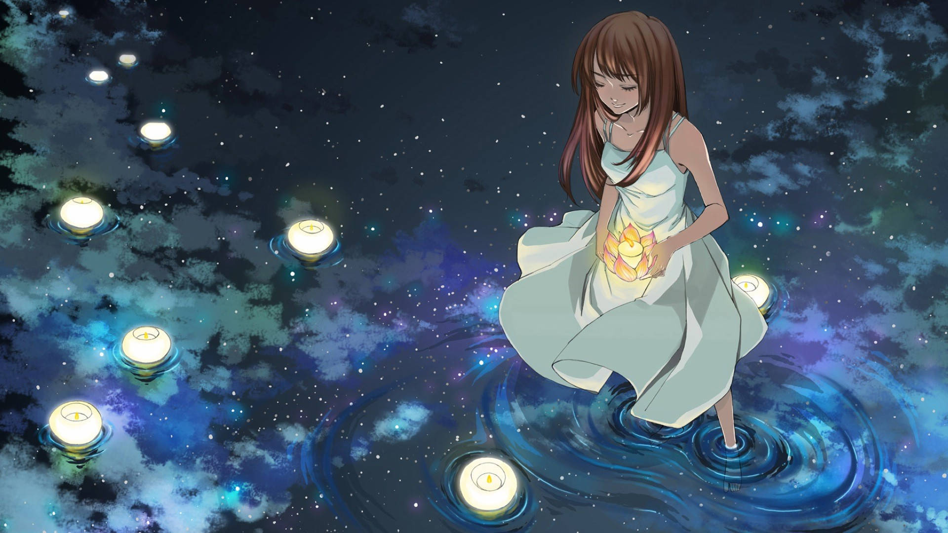 Πανέμορφο κορίτσι anime σε λίμνη Ταπετσαρία